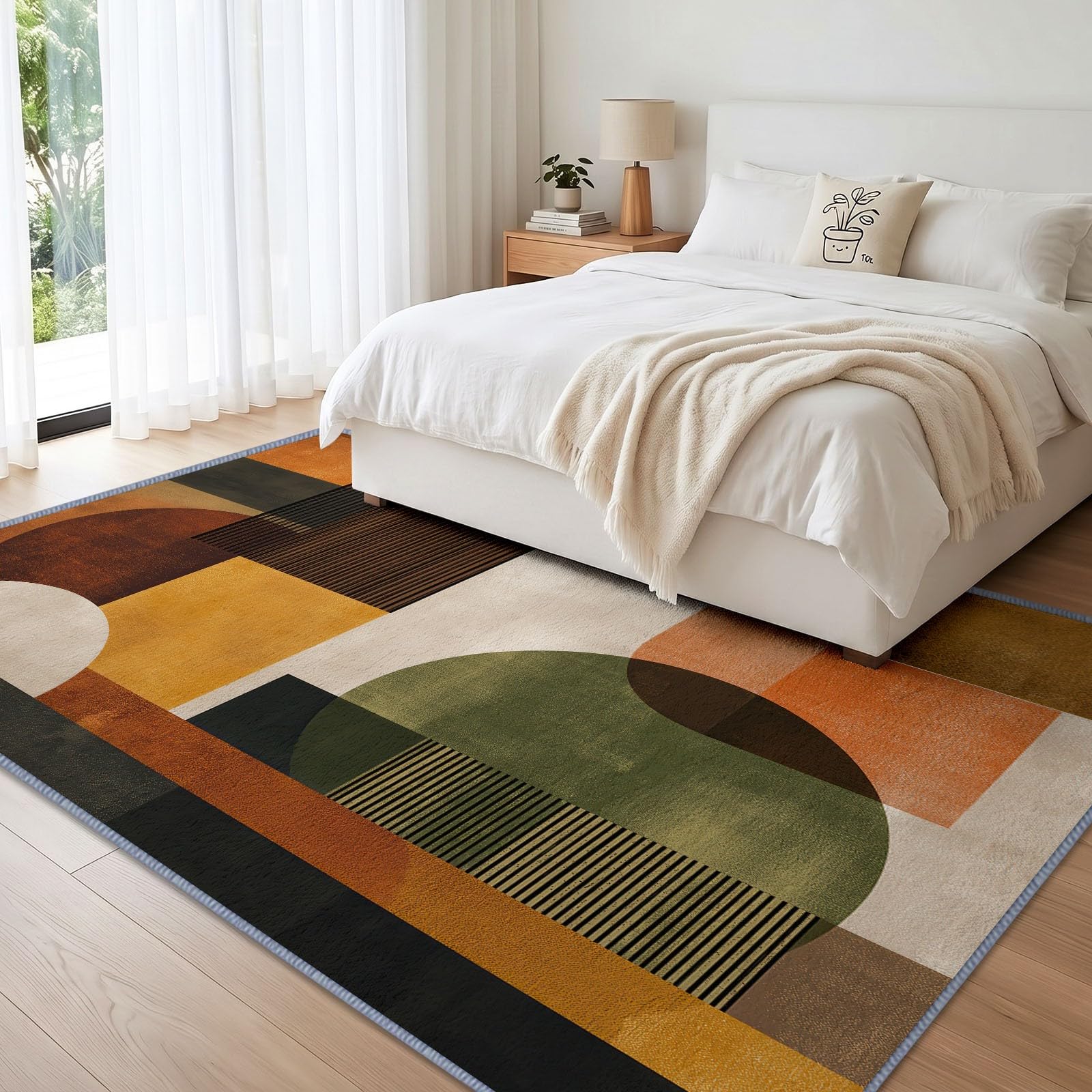 Tapis de Salon Géométrique Médiéval 80 x 150 cm, Semi-Cercle Rayures Verticales Tapis Poils Courts Lavable Moderne, Décoratif Antidérapant et Doux pour Salon Chambre et Bureau