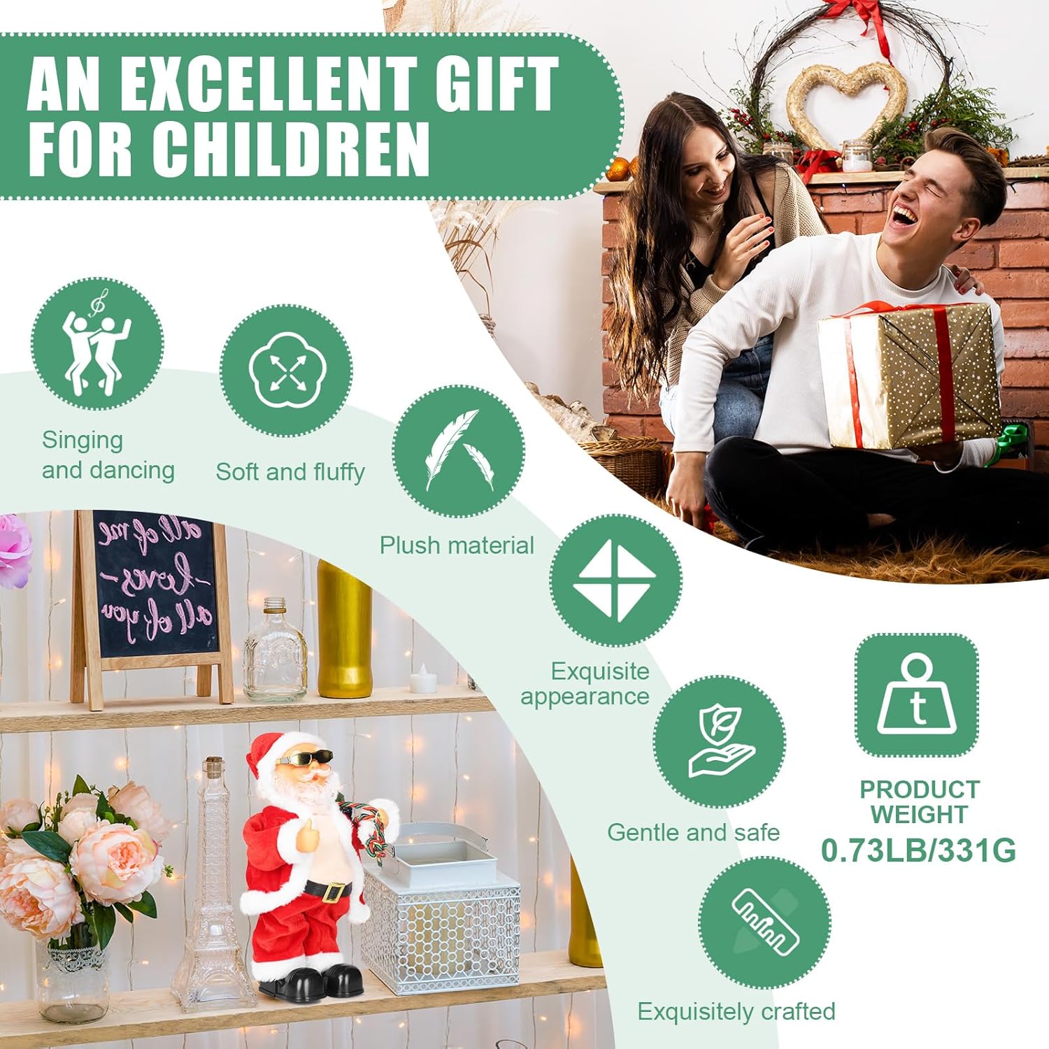 SdeNow Animated Santa Claus Singing Dancing Stuffed Christmas Toys Shaking Belly Christmas Musical Stuffed Animals Plush Electric Santa Dolls for Kids - Image 3