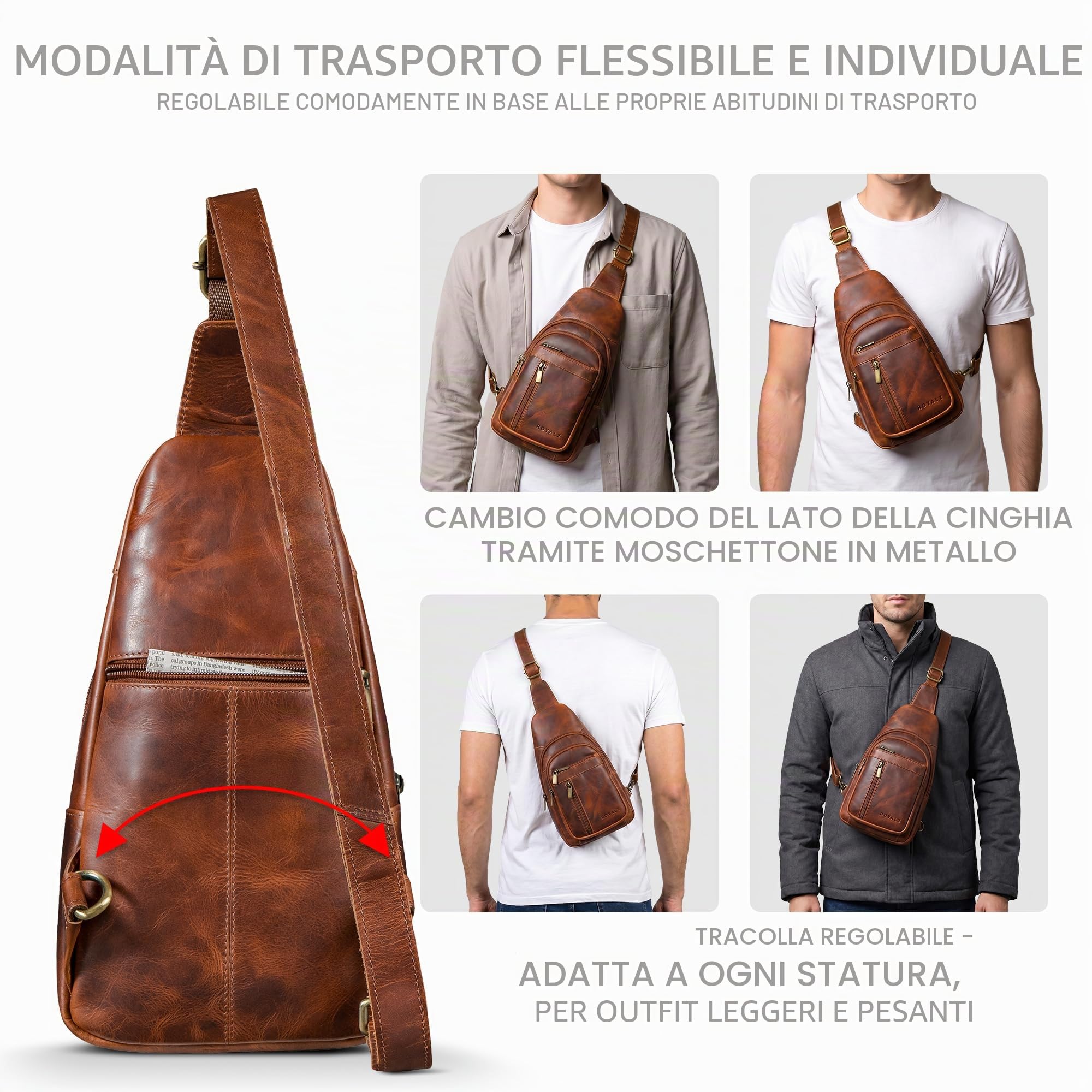 ROYALZ "Portofino" Zaino Monospalla Uomo Pelle Vera - Crossbody Bag Borsello a Tracolla Piccolo Moderno - Marsupio Antifurto per Viaggio e quotidiano