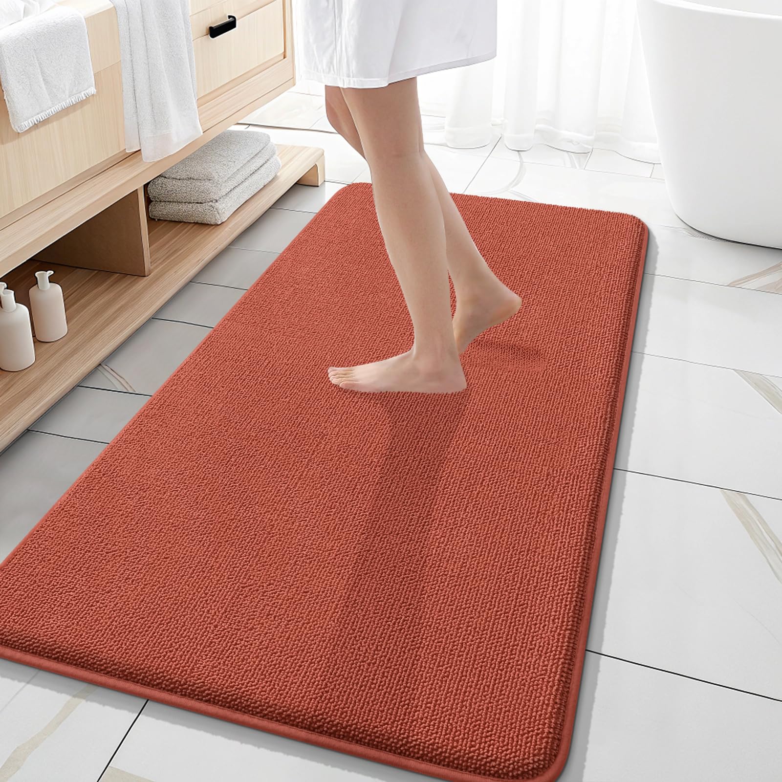 OLANLY Memory Foam Bathroom Runner Rugs 47x20, Long Mats, Rustic Terracotta