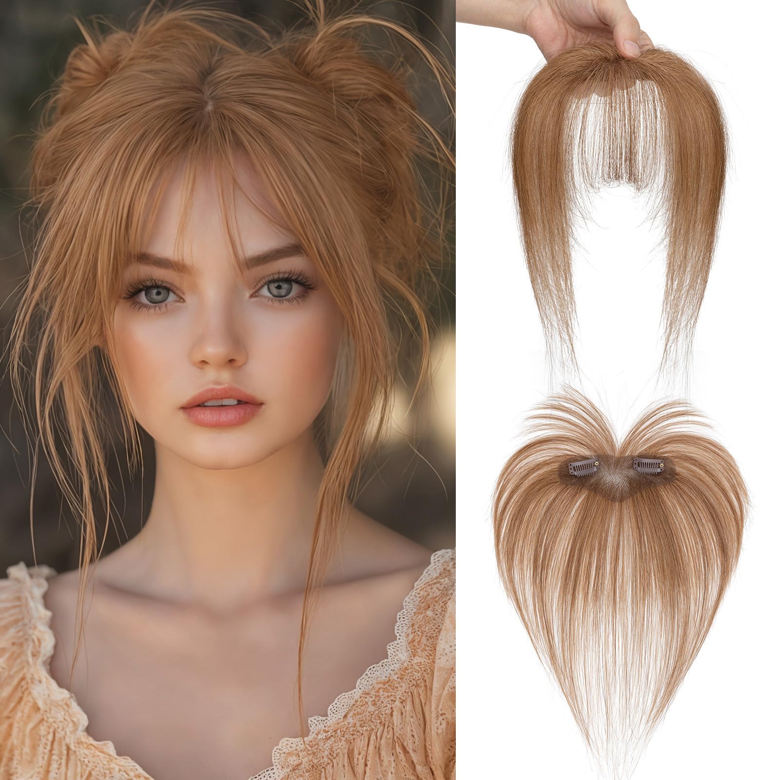 MY-LADY Clip in Bangs Real Hair Clip in Fringe Human Hair Bangs Thin Bang Hairpiece with 2 Non-slip Clips for Women Fashion #6 Light Brown