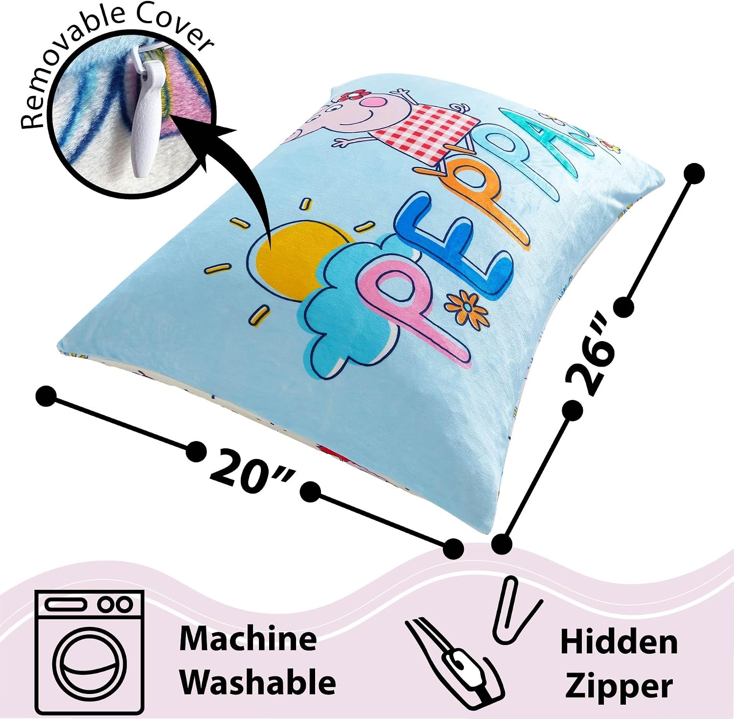 Peppa Pig Reversible Print Smooshie Pillow,Super Soft Decorative Bed Pillow, 20”x26 for Bedroom, Dorm & Travel