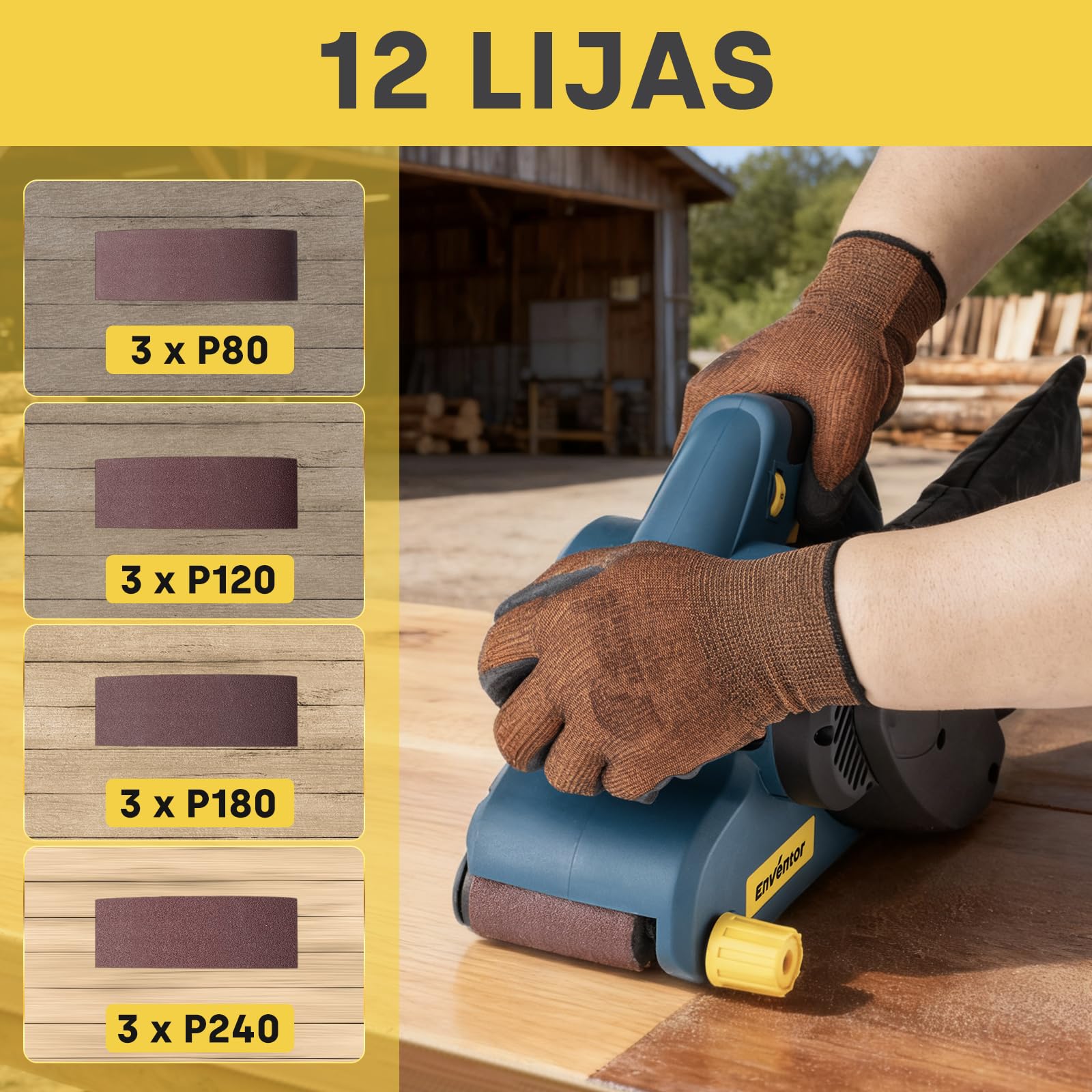 Enventor Lijadora de Banda 950W, 6 Velocidades 120-380m/min, Lijadora Electrica con 12 Bandas de Lija 76 x 533mm (P80, P120, P180,P240), Bolsa Colectora de Polvo