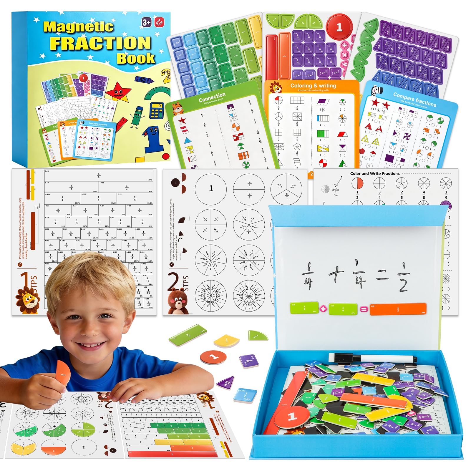 homicozy Magnetic Fraction Playbook for Kids 6-12, Visual Fraction Tiles