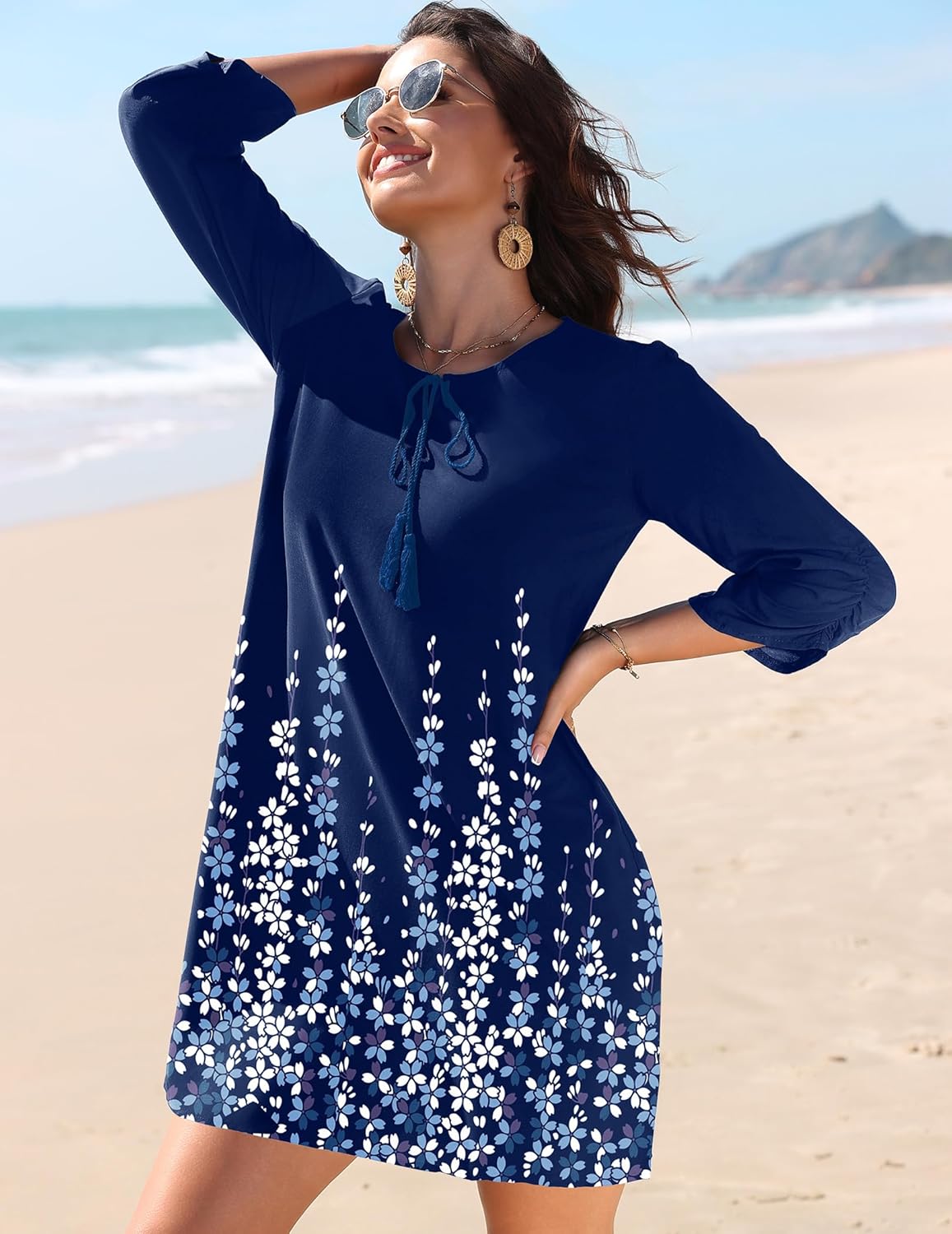 HOTOUCH Women Casual Beach Summer Dress Boho V Neck 3/4 Long Sleeve Short Floral Print Flowy Swimsuit Cover Up Sundress - Image 4