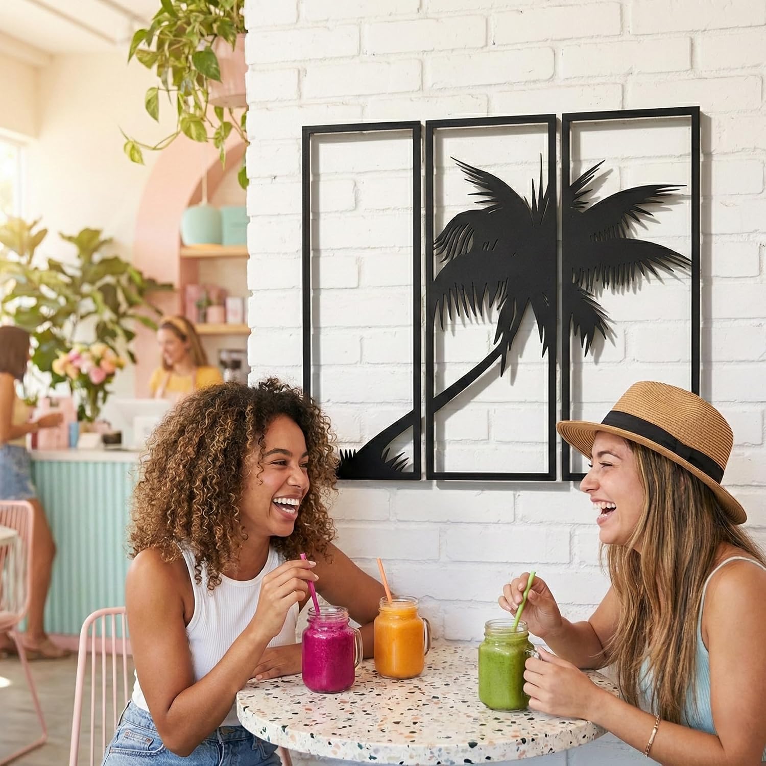DEKADRON 3 Panels Metal Palm Tree Wall Art, Metal Tree Wall Art, Tree Sign, Metal Wall Decor, Interior Decoration, Wall Hangings, 3 Pieces (30" W x 30" H / 75x75 cm)