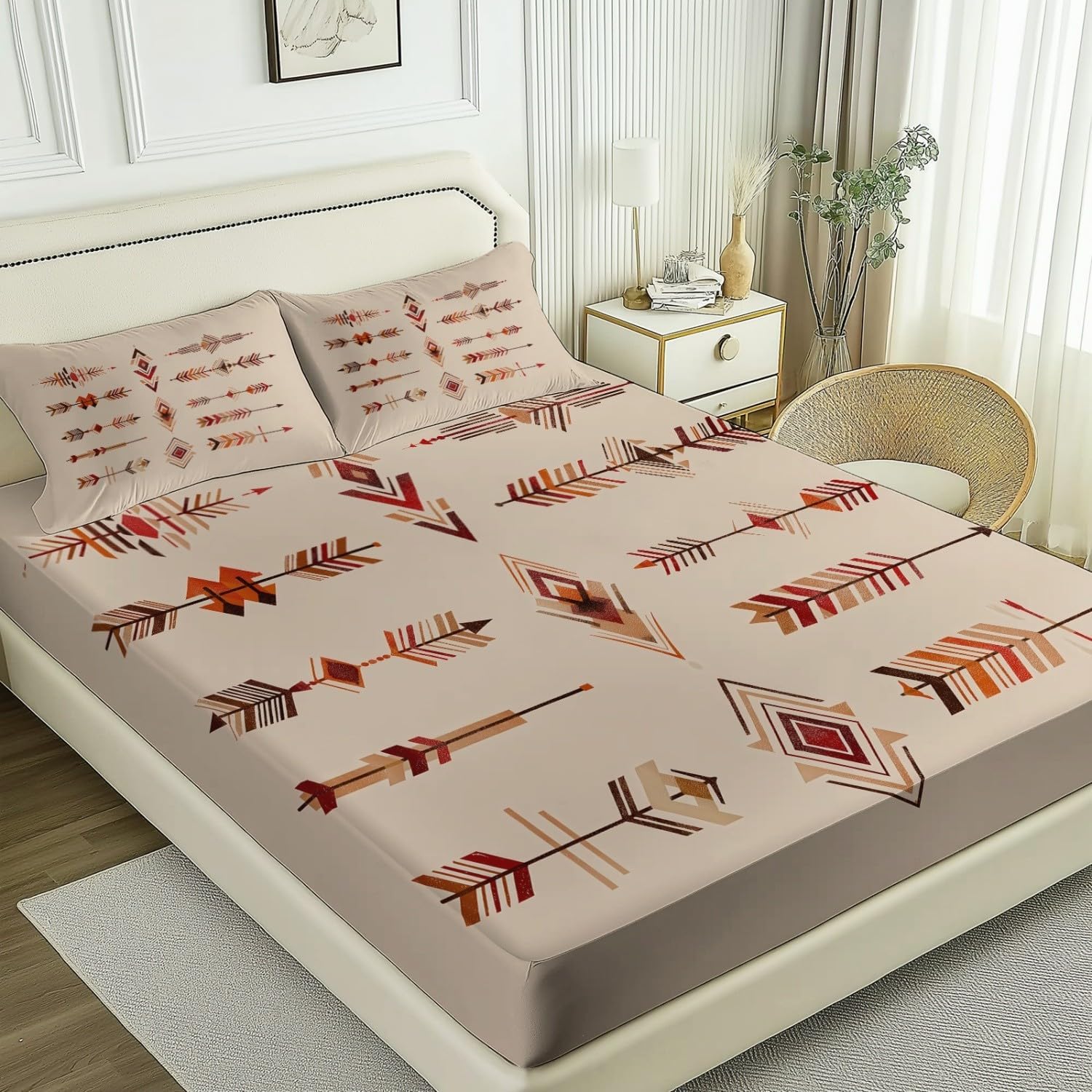 Bed Sheet Soft Microfiber 4 Pieces King Size America Tribe Arrow Rhombus Pattern Bedding Sheet Set with 1 Fitted Sheet and 2 Pillowcases,16 Inches Deep, Brown - Thumbnail 2