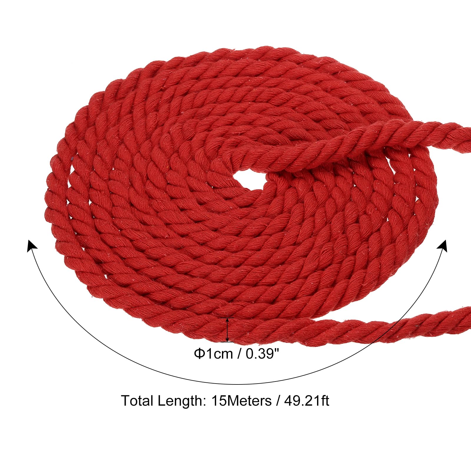 PATIKIL 1/2 Pollice x 50 Piedi Corda Di Cotone Naturale Intrecciata 3 Trefoli Corda Di Cotone Spessa E Resistente Corda Per Tiro Fune Per Ringhiere Artigianato Decorazione Casa, Rosso