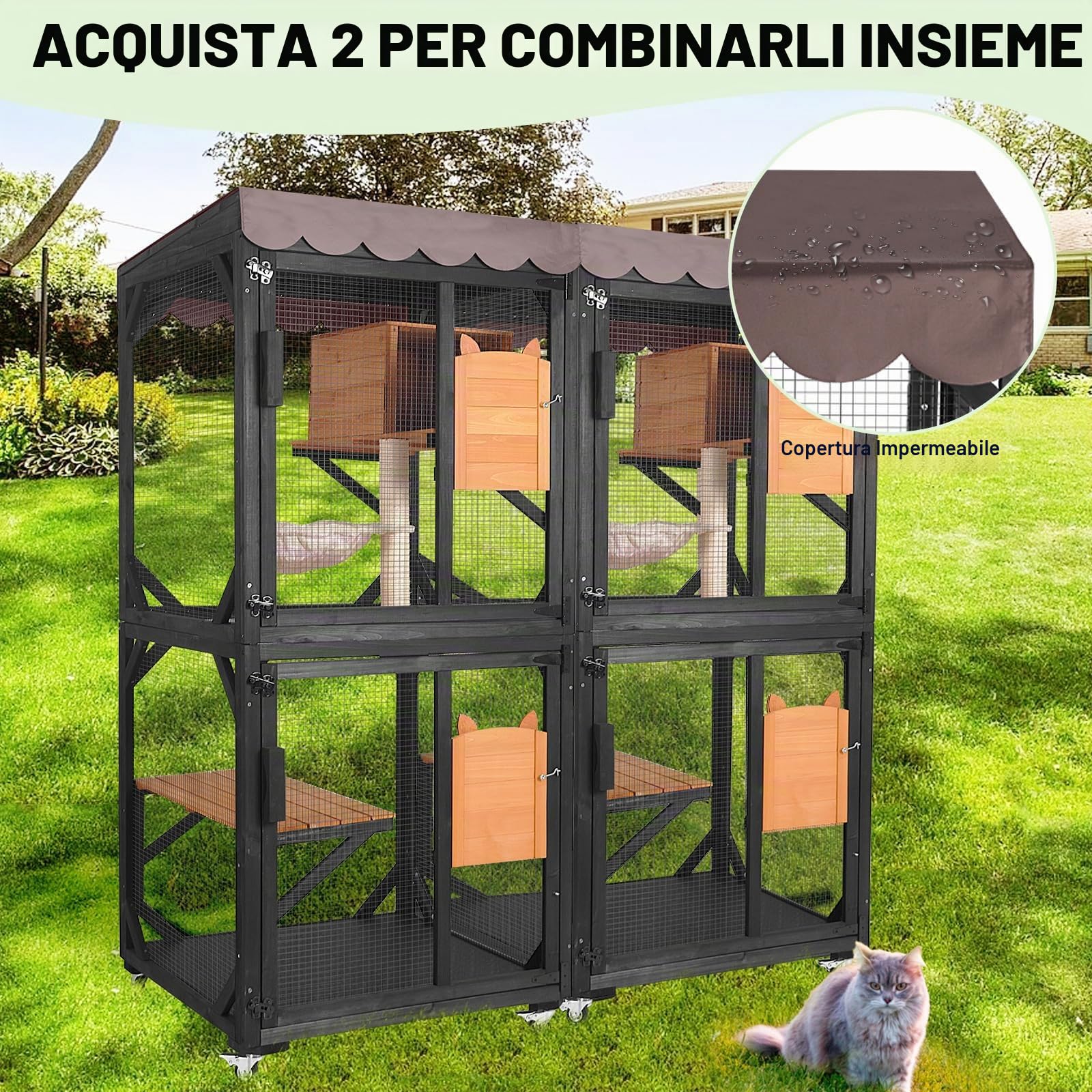 Seiyierr Catio Gabbia per gatti alta 66 pollici, grande casa per gatti su ruote, tetto impermeabile, stile antigraffio e amaca, per esterni, strato in PVC (marrone)