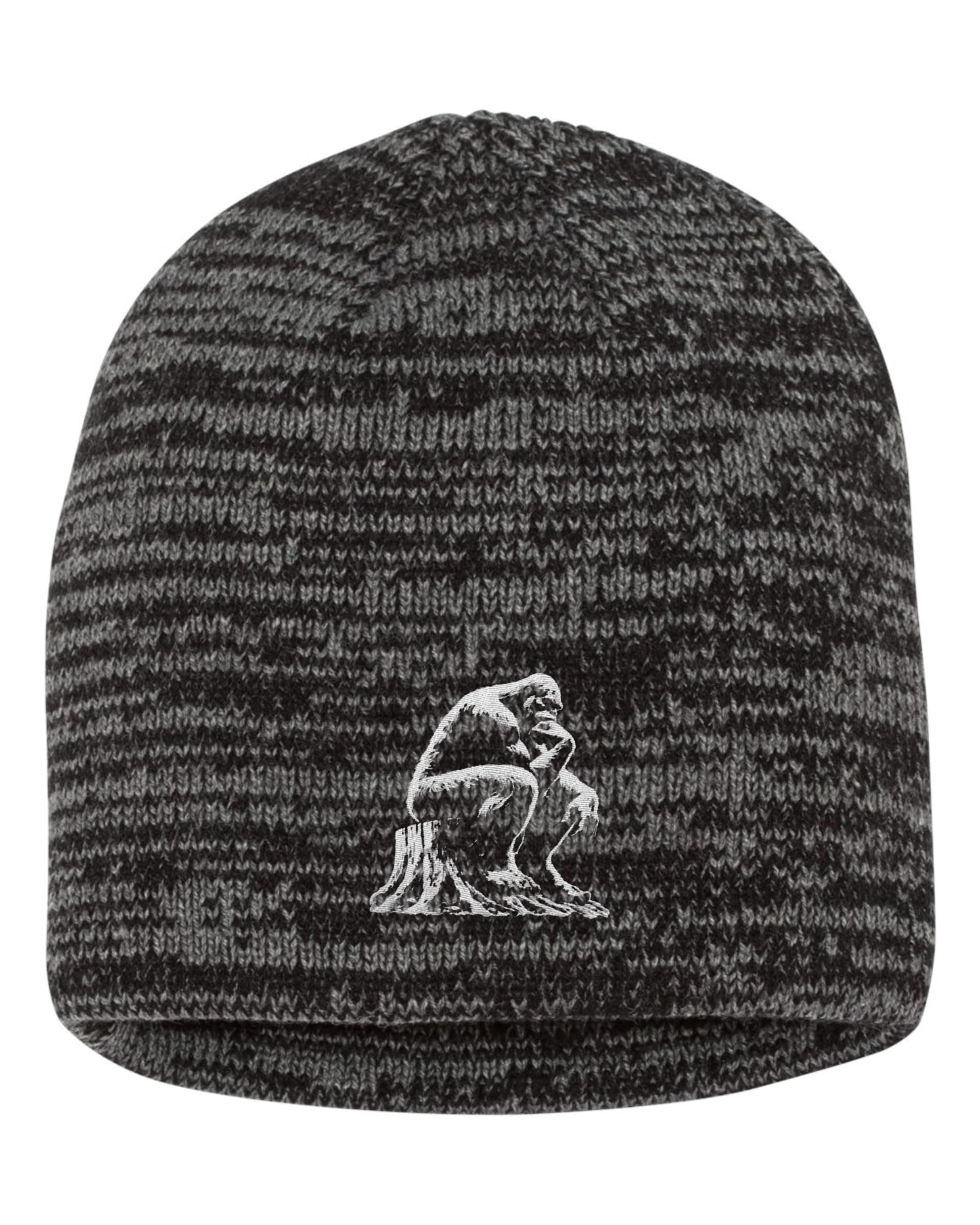 One Size Black/Dark Grey Marled Bigfoot The Thinker On A Tree Stump Embroidered Knit Beanie Cap