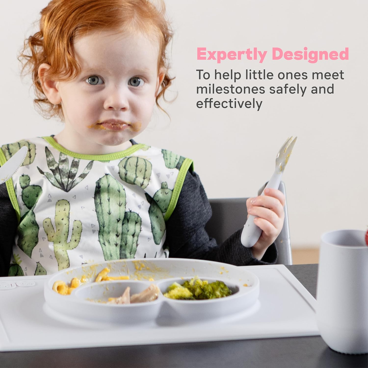 ezpz Preschool Feeding Set 24m+ (Pewter) Happy Mat + Happy Utensils + Happy Cup + Straw training system Toddler Essentials