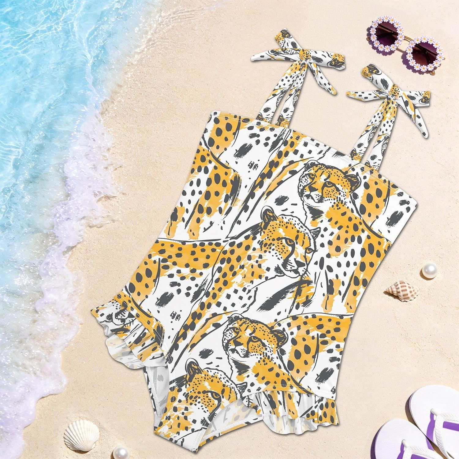 visesunny Toddler Girl Swimsuit Adjustable Strap Swimwear Hand-Drawn Cute Cheetah Bathing Suits for Girls 18M-6Y