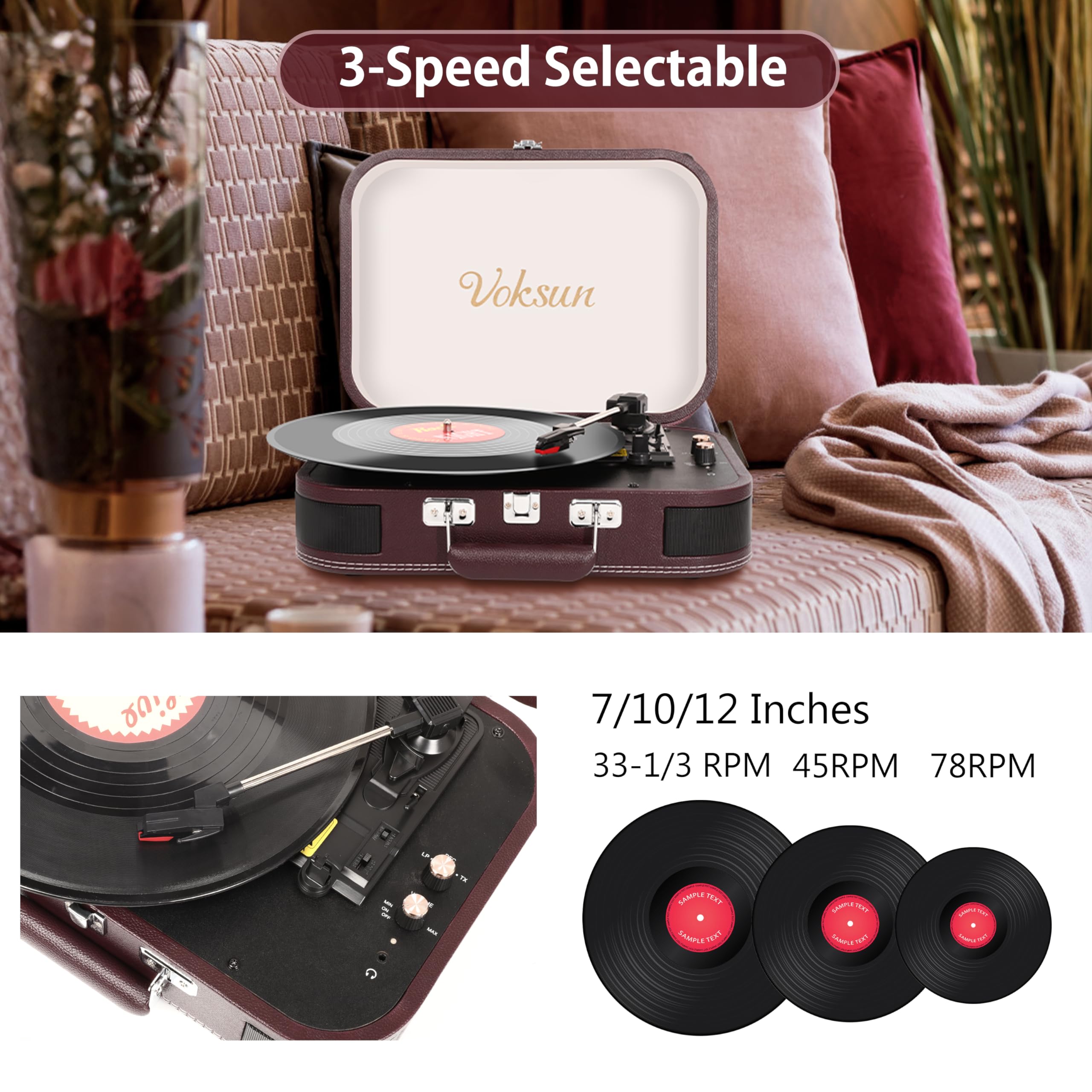 Giradischi Vinile, VOKSUN Giradischi Portatile Vintage con Altoparlanti Incorporati, Bluetooth In/Out Lettore LP Vinile con 3 Velocità, Valigia USB, In AUX, Linea RCA, Jack Cuffie, Auto-Stop (Rosso)