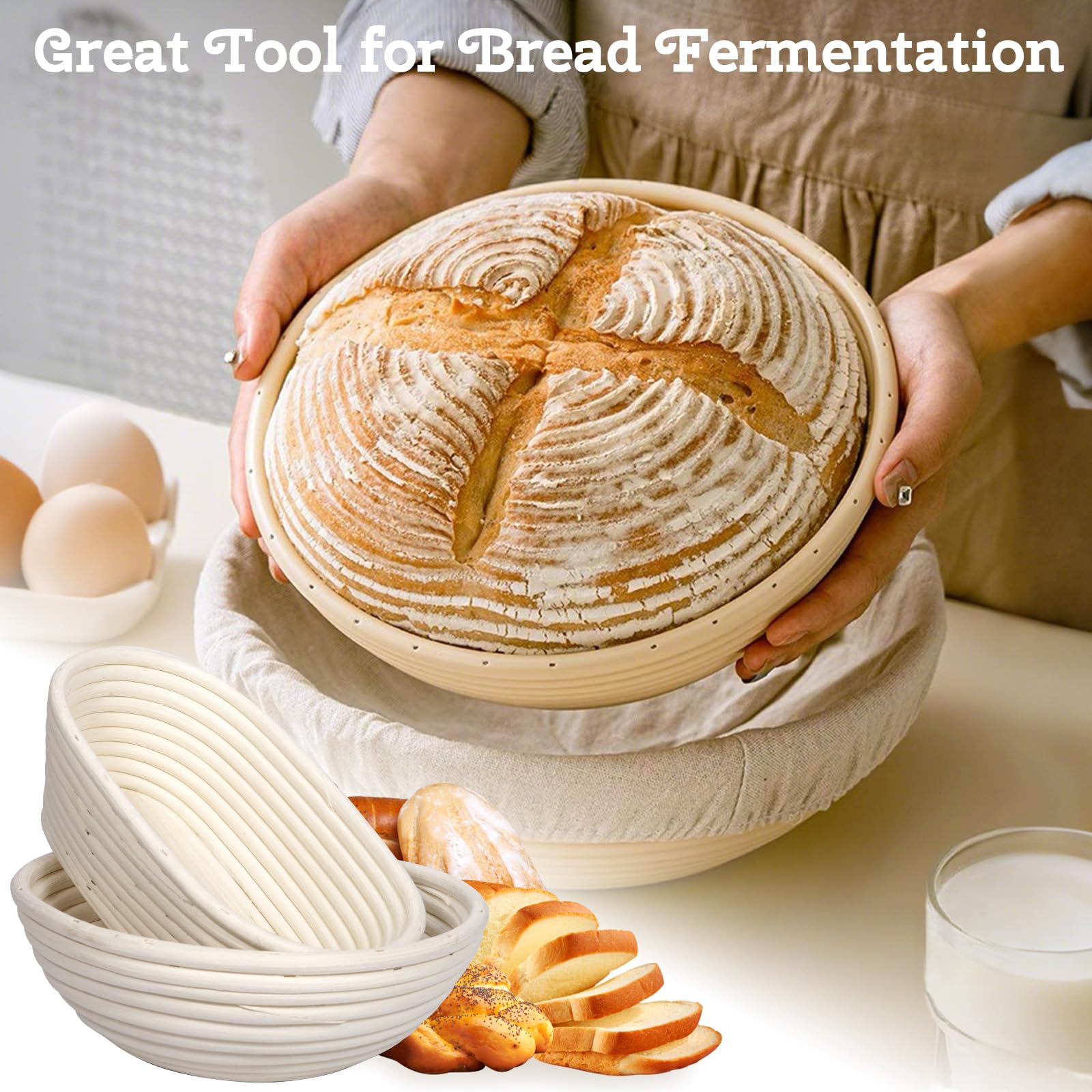 Panier de Fermentation avec Doublure, Banneton pour Pain, 25 cm Ronds et 23 cm Ovales, 10 Pièces Kit Boulangerie avec Accessoires de Cuisson du Pain, pour Les Débutants et Les Boulangers