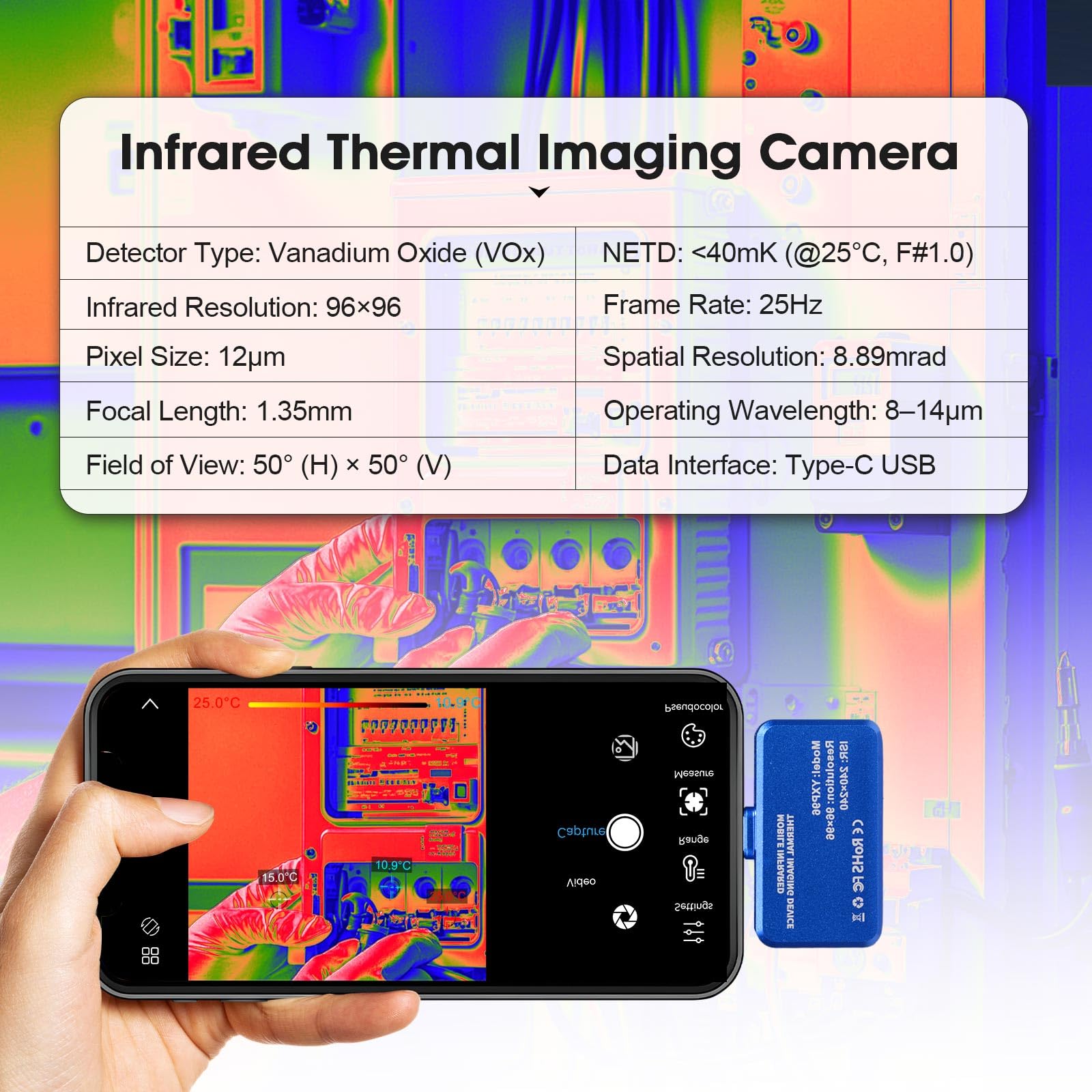 YXP96 - Cámara térmica térmica por infrarrojos para smartphone, resolución de 96 × 96, medición de temperatura de -20 °C a 550 °C, frecuencia de imagen de 25 Hz, puerto USB-C, Android OTG, Plug and