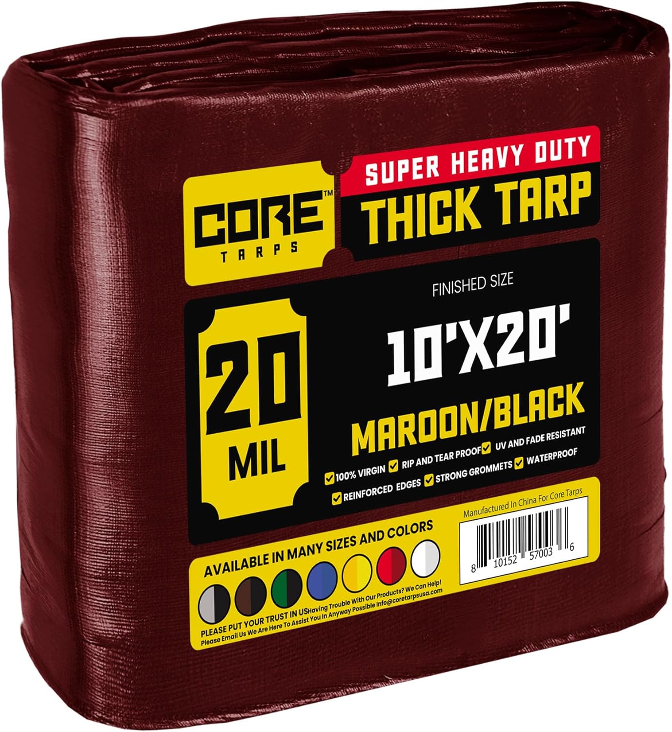 Core Tarps Extreme Heavy Duty 20 Mil Tarp Cover, Waterproof, UV Resistant, Rip and Tear Proof, Poly Tarpaulin with Reinforced Edges for Roof, Camping, Patio, Pool, Boat (Maroon/Black 10 X 20)