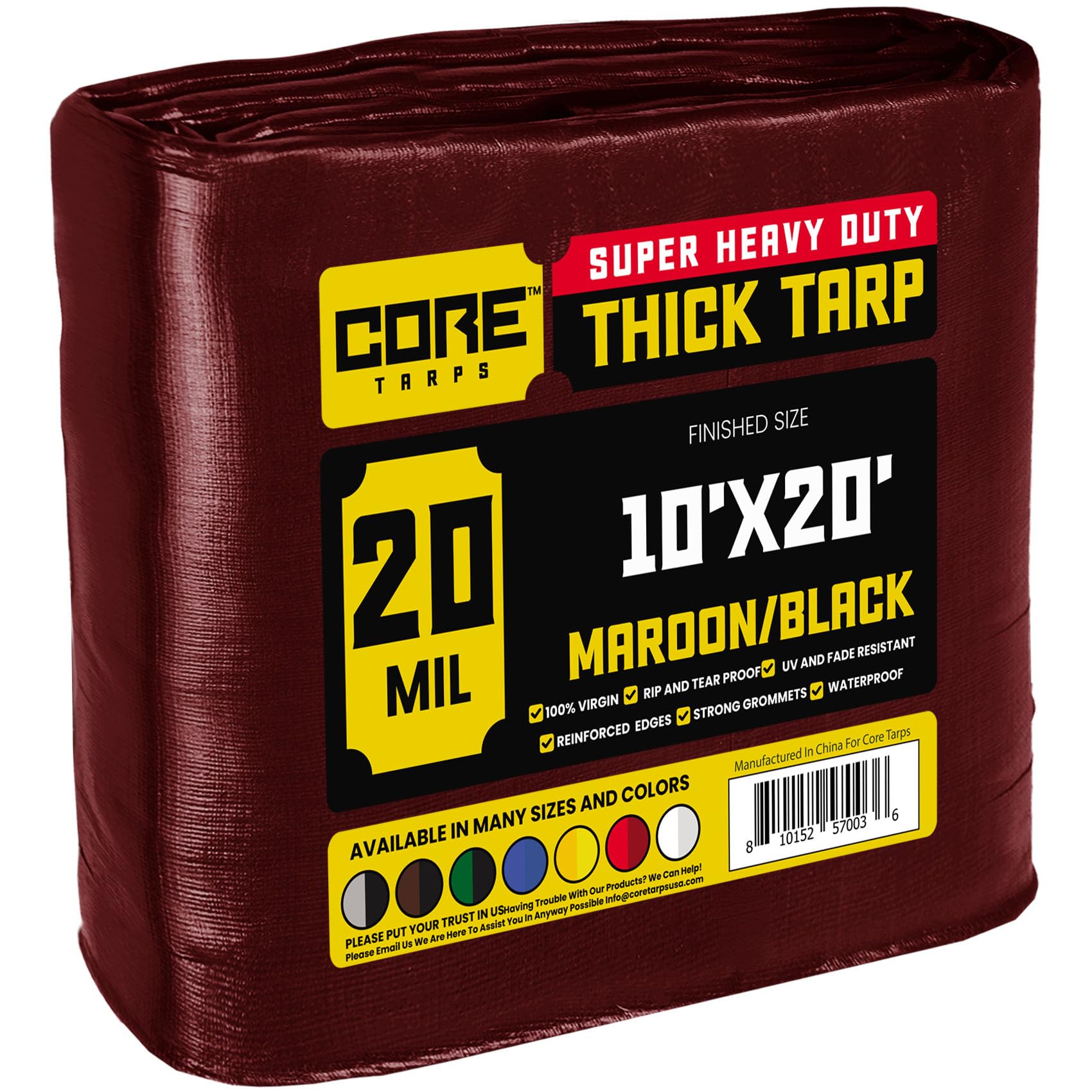 Core Tarps Extreme Heavy Duty 20 Mil Tarp Cover, Waterproof, UV Resistant, Rip and Tear Proof, Poly Tarpaulin with Reinforced Edges for Roof, Patio, Pool, Boat (Maroon/Black 10′ X 20′)