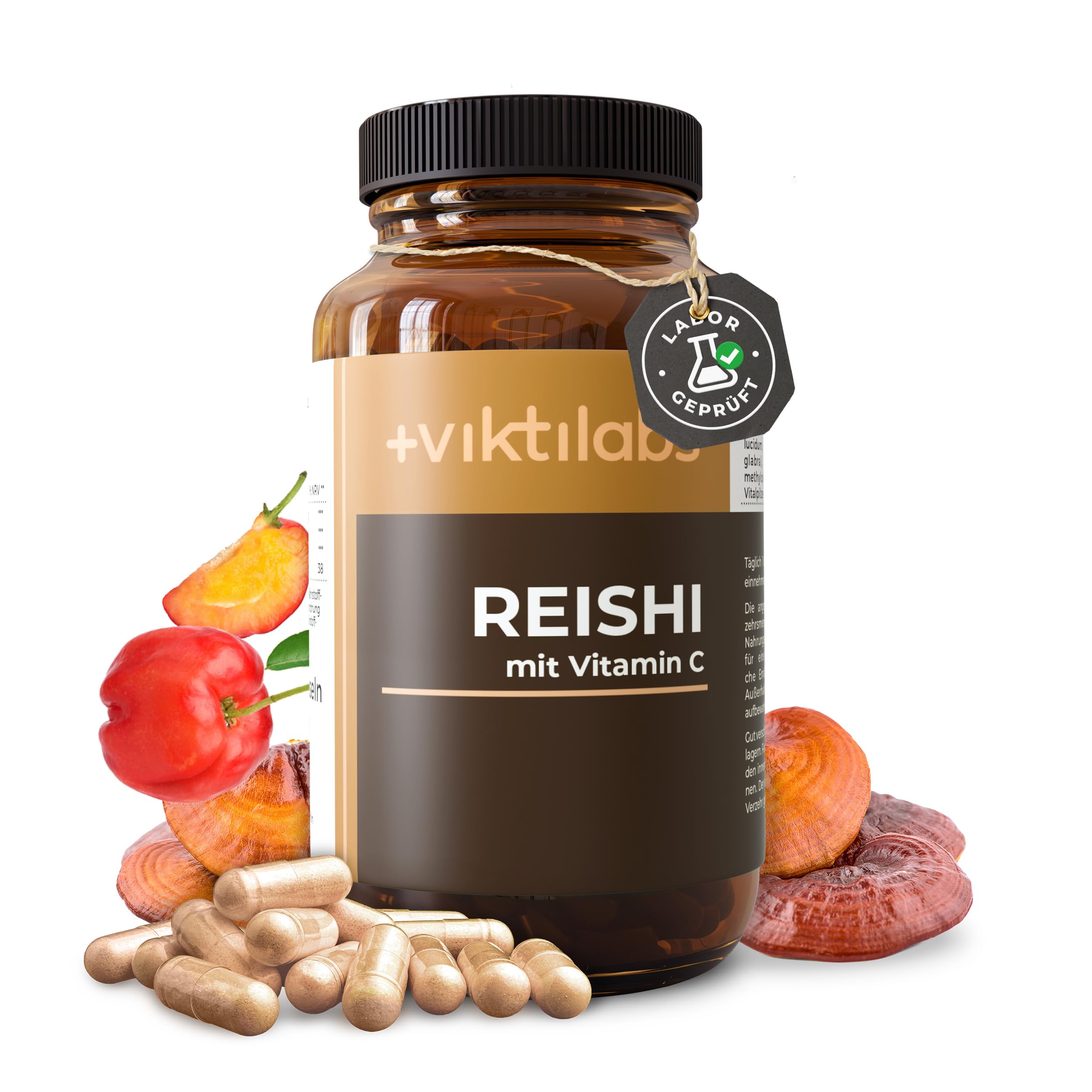 Premium Reishi mit Acerola - Hochdosiert mit 495 mg Reishi Extrakt & natürlichem Vitamin C - 1 Kapsel pro Tag - 70 vegane - ohne Zusatzstoffe