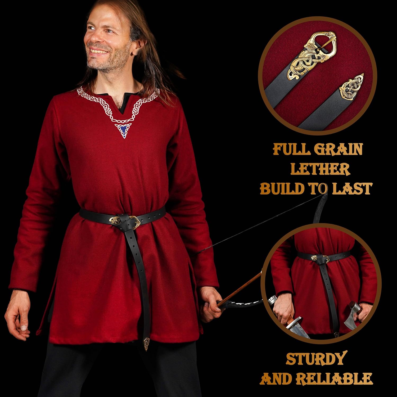 Mythrojan “Midgard Serpent” Viking Leather Belt with Solid Brass Buckle & Chape, Ideal for Shieldmaiden & Warrior in LARP SCA