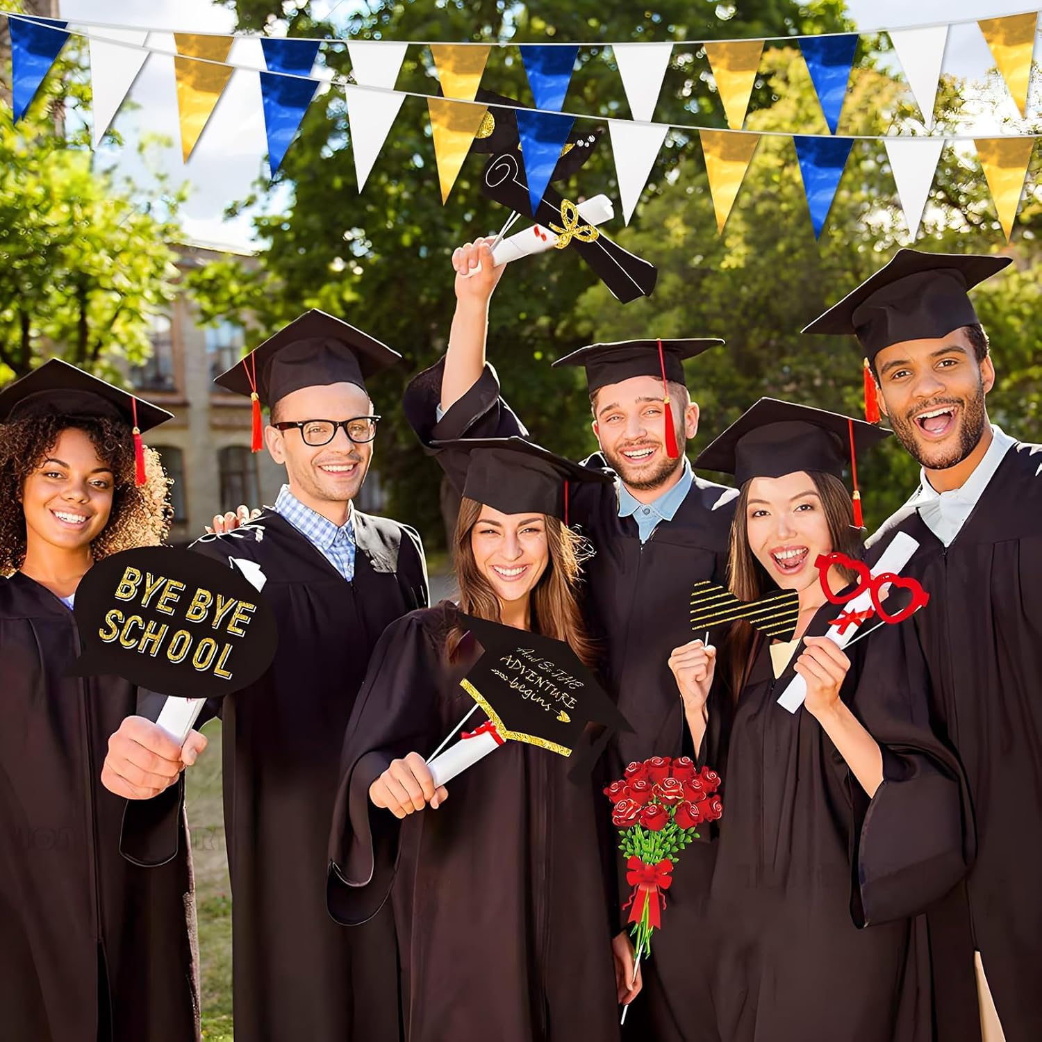 65FT Navy-Blue White Gold Glitter Triangle Pennant Banner Flag Metallic Bunting Fabric Garland for Christmas Graduation Retirement Wedding Bridal Shower Nautical Ahoy Achor Party Decorations Supplies - Image 4
