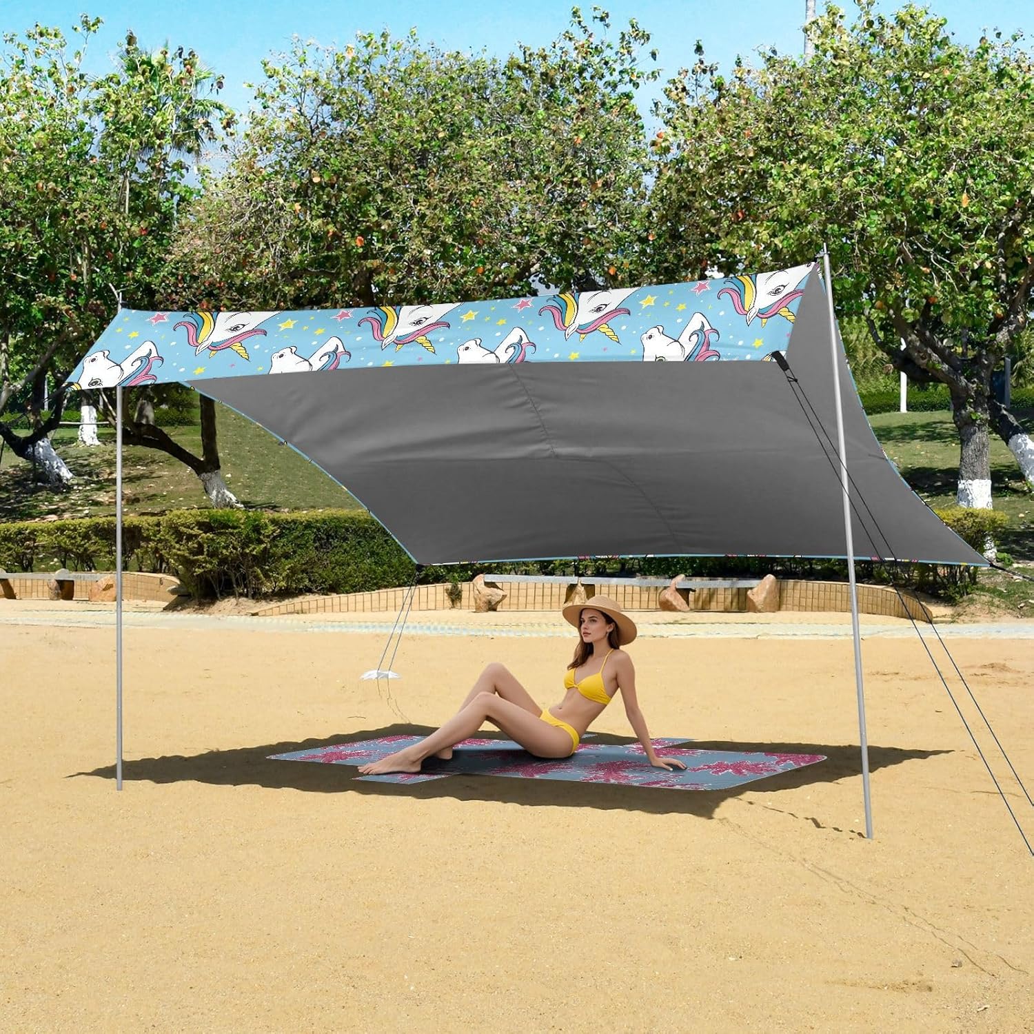 ALAZA Unicorn Portrait Stars Beach Tent Sun Shelter UPF50+ Protection Beach Shade Canopy w/ 4 Sandbags for Outdoor Camping, Fishing, Backyard Fun, Picnic, 10x9 ft