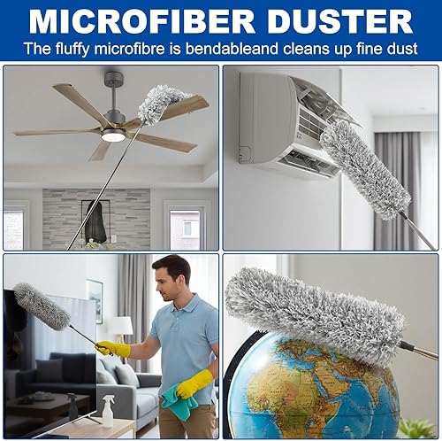 Vista 39 de Plumeros de microfibra para limpieza, plumero extensible con poste de extensión de 110 pulgadas y 2 cabezales flexibles reemplazables, suministros