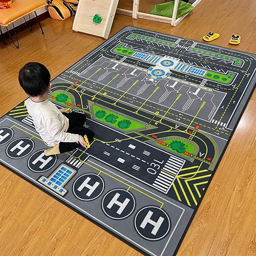 Miniatura 3 de Alfombra para niños, alfombra de juego con sistema de tráfico de aviones, alfombra de 5 x 7 pies con respaldo de goma, tapete de juego de aeropuerto