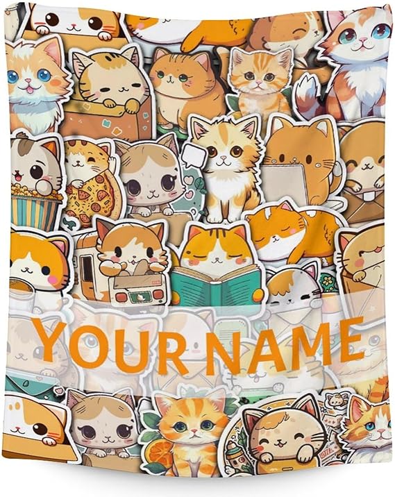 Personalized Cat Blanket Gifts with Name - 60"x80" Cute Throw for Kids & Adults - Yellow Soft Fuzzy Blankets for Bed, Couch & Living Room