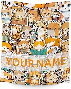 Personalized Cat Blanket Gifts with Name - 60"x80" Cute Throw for Kids & Adults - Yellow Soft Fuzzy Blankets for Bed, Couch & Living Room