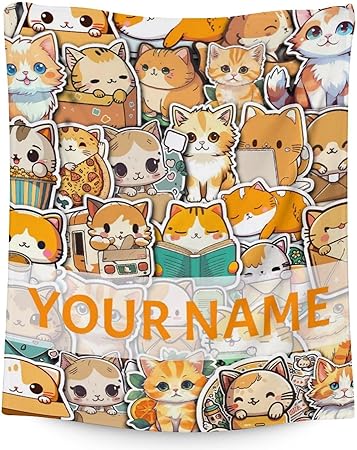 Personalized Cat Blanket Gifts with Name - 60"x80" Cute Throw for Kids & Adults - Yellow Soft Fuzzy Blankets for Bed, Couch & Living Room