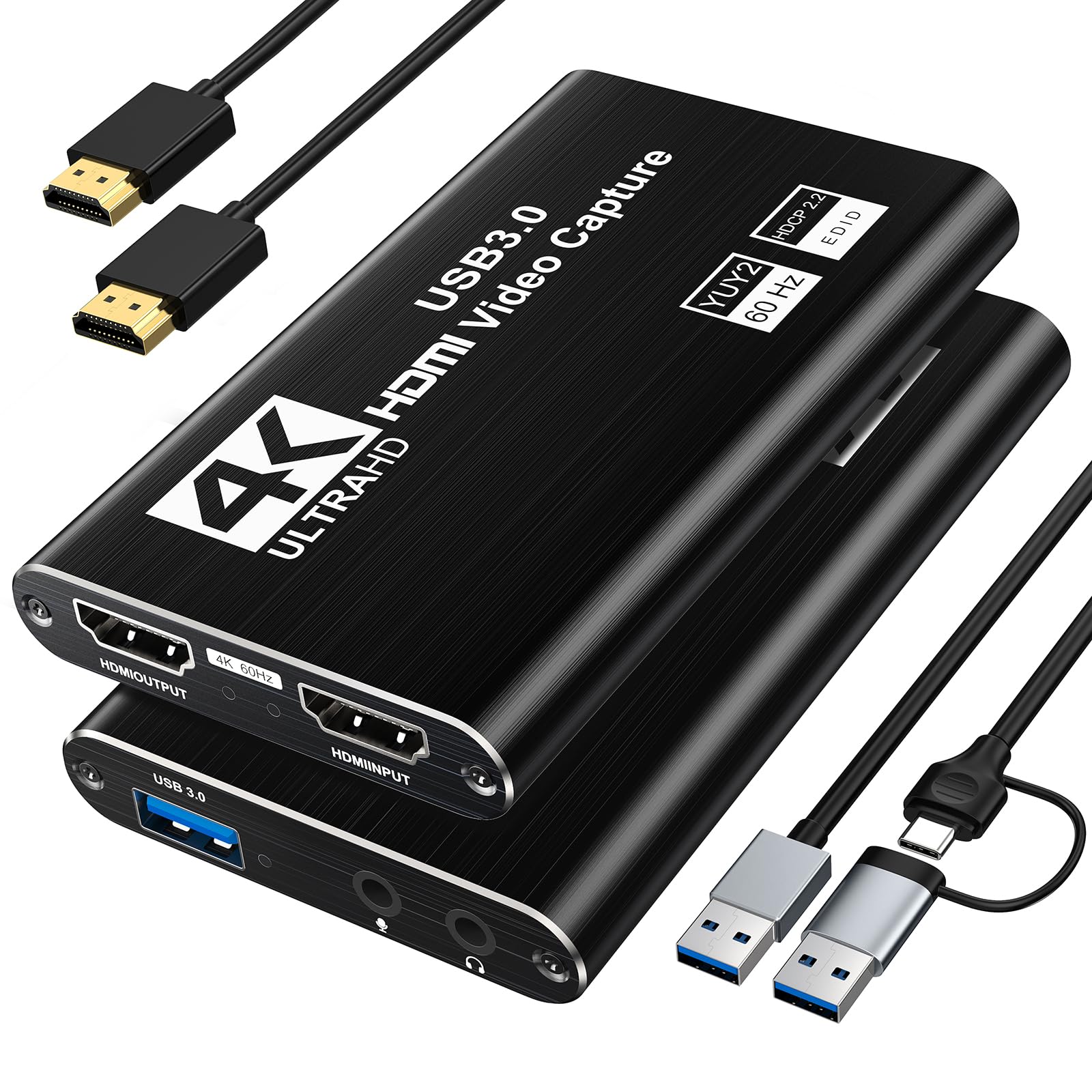 XIIXMASK USB 3.0 HDMI Capture Card, 4K Pass-Through, 1080P 60FPS Capture | Dual-port USB-A/USB-C Video Game Capture, Ultra-Low Latency 4K Pass-Through for PS4/PS5, Switch 1/2, Xbox, PC, Mac, Camera