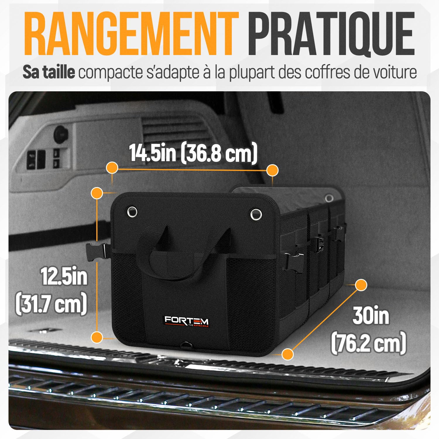 FORTEM Rangement Coffre de Voiture, Pratique et Spacieux, Boite Rangement voiture interieur pliable, Organisateur de Coffre Fond Antidérapant, Sangles de Sécurité et couvercle souple, Car Accessories
