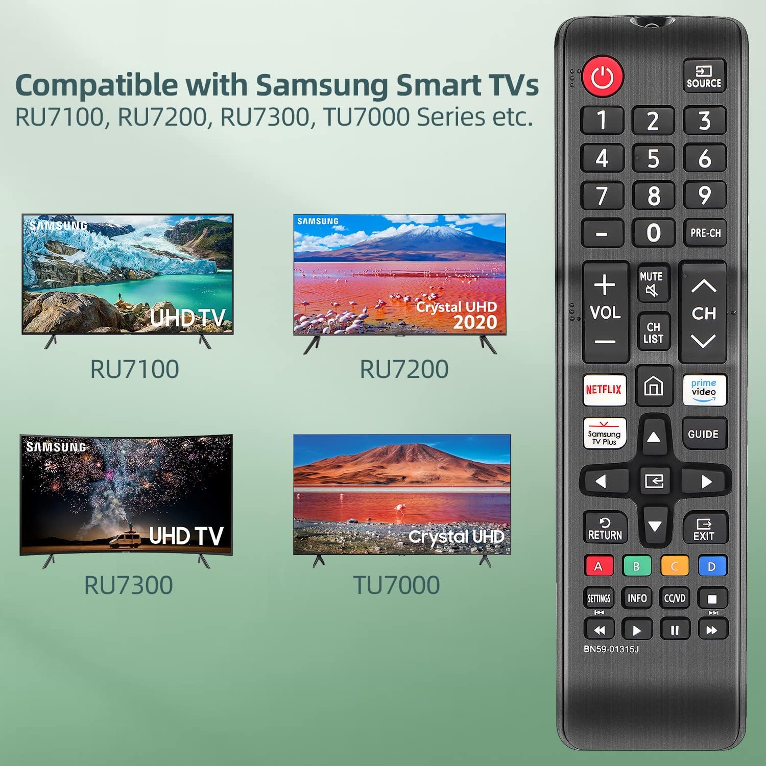 Limited Gvirtue Remote Control BN59-01315J Replacement for Samsung-Smart-TV-Remote Samsung LED LCD QLED 4K 8K UHD 3D HDTV HDR Curved Crystal Smart TV with Netflix, Prime Video, Samsung TV Plus Button