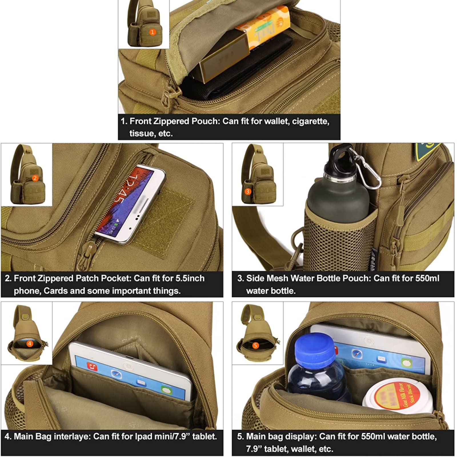 REEBOW GEAR Borsa da Petto Militare Tattica Molle Borsa a Tracolla con Tracolla a Tracolla con Porta Bottiglia d'Acqua,CPcamouflage