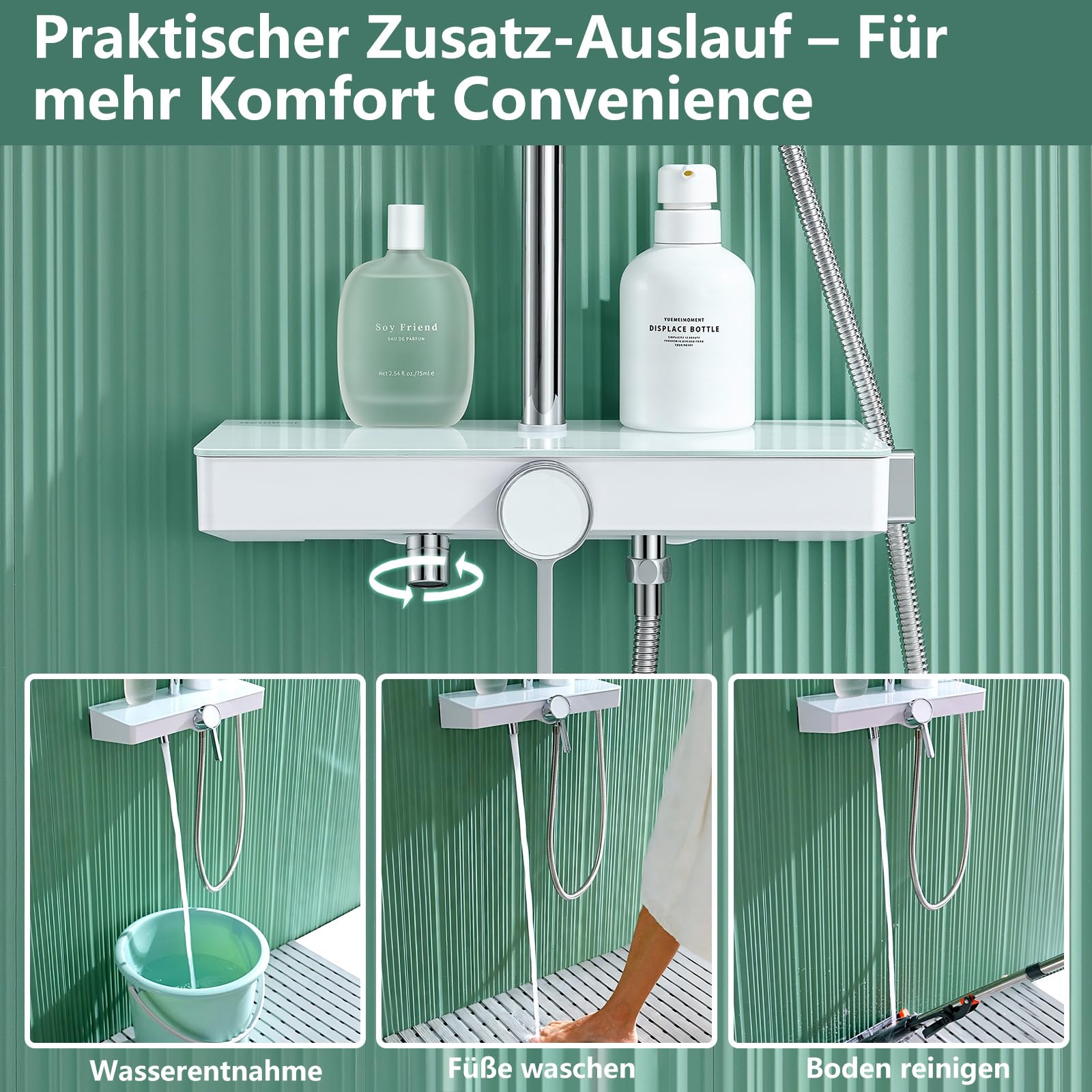 Duschsystem ohne Thermostat mit 26 cm runder Regendusche & Handbrause Duscharmatur Komplettset Höhenverstellbar mit Sicherheitsglas-Ablage & multifunktionalem Schwenkauslauf