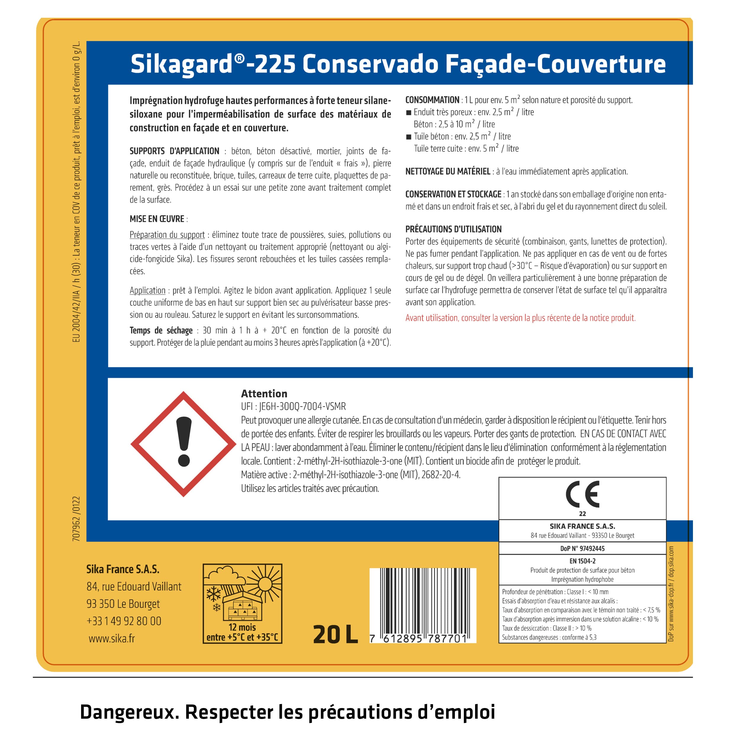 Sika Sikagard 225 Conservado – Revestimiento impermeable multisoporte, resistente a los rayos UV, listo para usar, efecto perlante, 40 a 200 m², 20 l