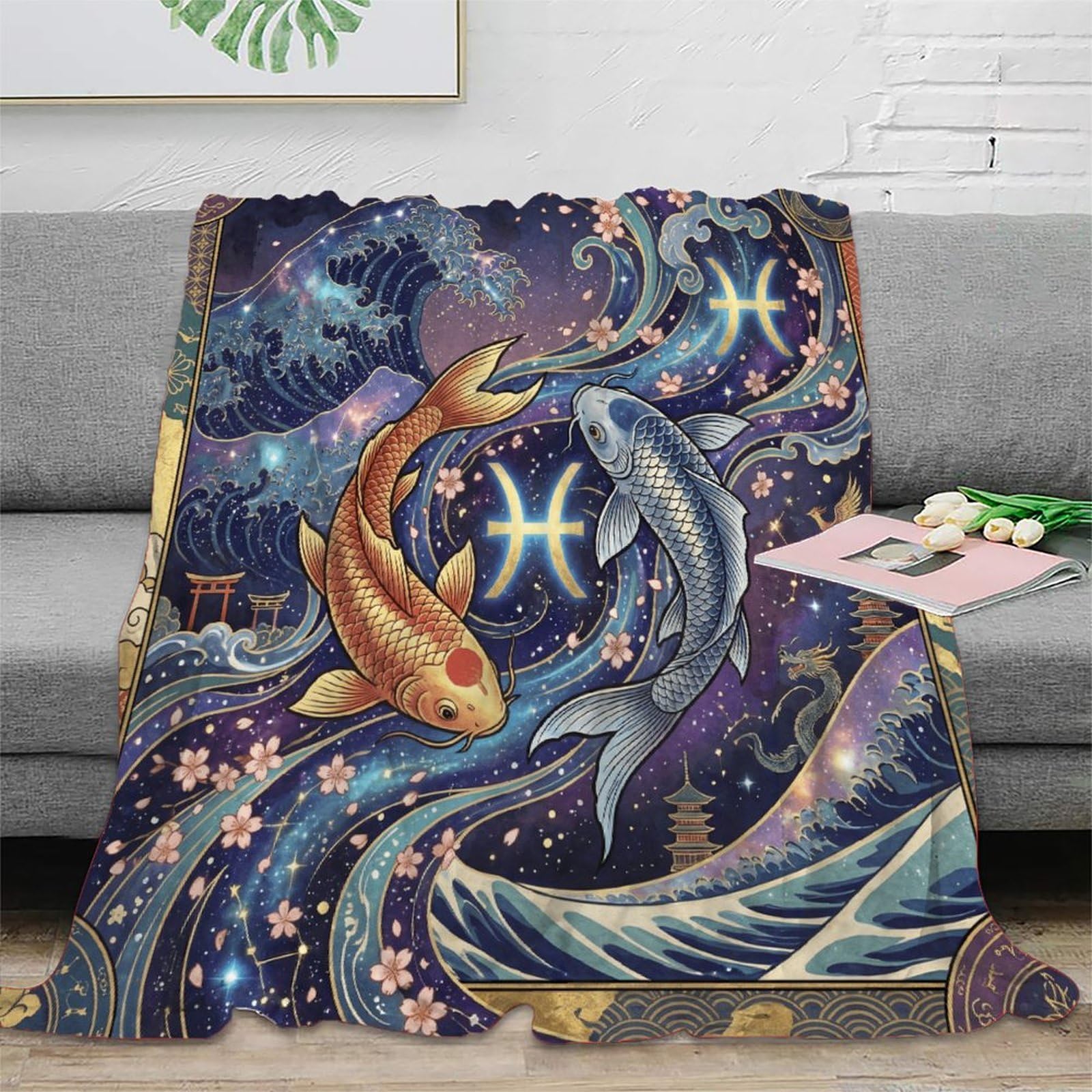 H3B8U2Y5 Pisces Zodiac Japanese Koi Flannel Throw Blanket, Bedroom Nap Use