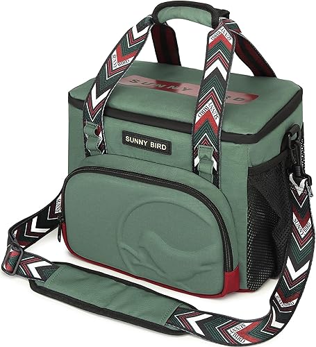 SUNNY BIRD Lonchera térmica grande de 12 litros, caja enfriadora plegable para mujeres, adultos y hombres, se adapta a 18 latas (verde con correa