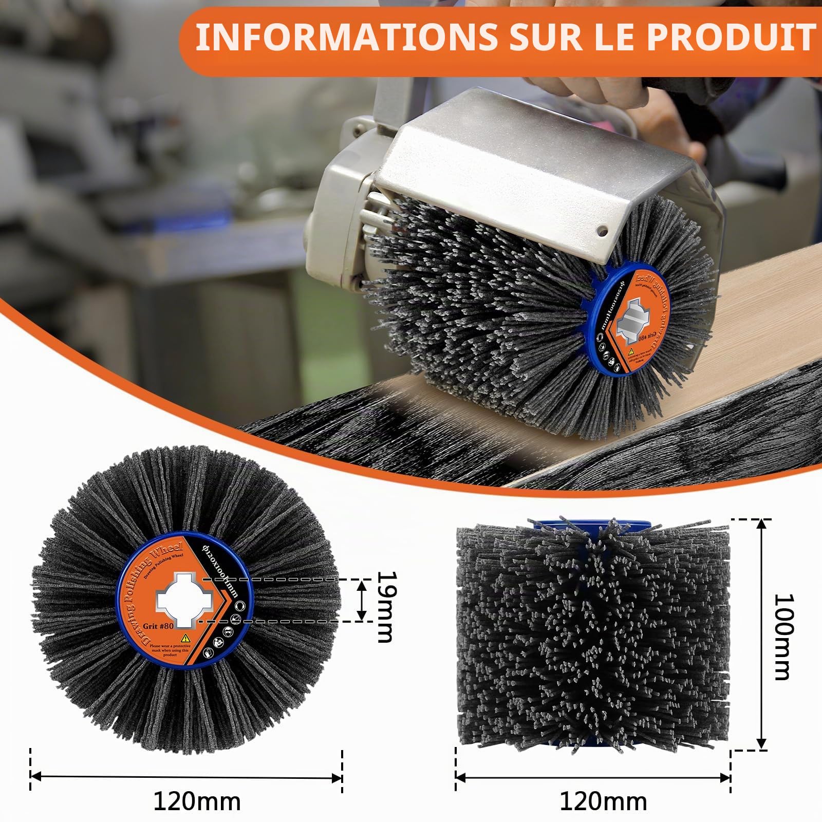 Brosses en nylon grain 80 | Brosses abrasives 120 x 100 mm | Brosse de polissage pour le travail du bois | Brosse pour machine à satiner | Brosse à poils | Roue de tréfilage | Brosse Grit pour brosse