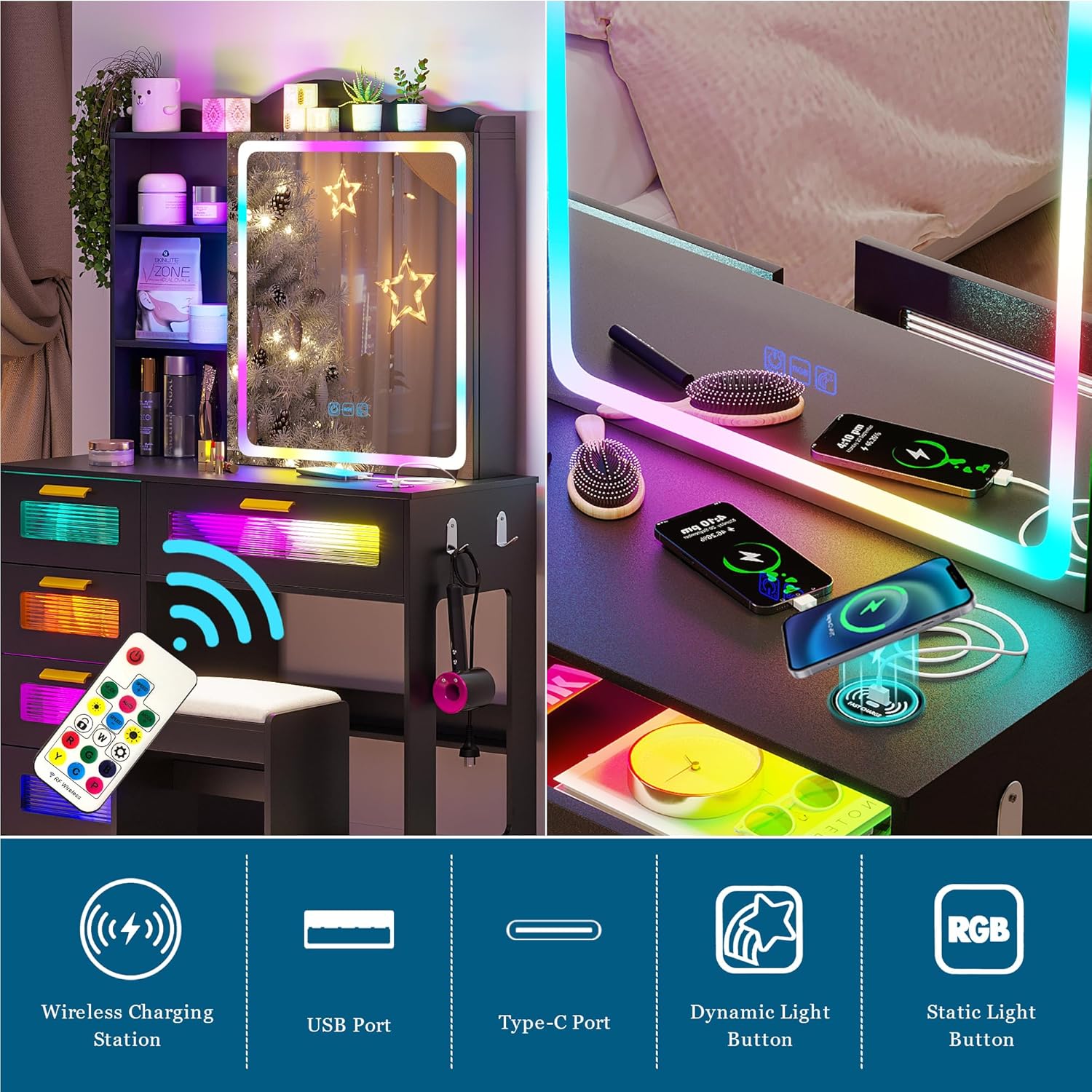 Images showing 7 dynamic and 7 static RGB color modes for the vanity lights.