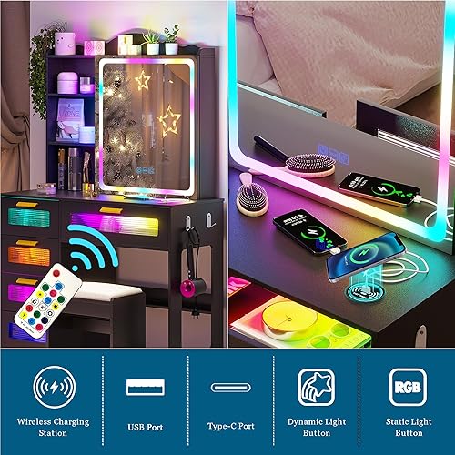 Miniatura 6 de Escritorio de tocador con luces y espejo deslizante, escritorio de maquillaje con estación de carga, tocador con taburete, juego de tocador LED con