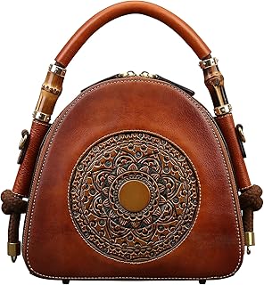 Zhuoliang Genuine Leather Pocketbooks for Women, Retro Organizer Top Handle Satchel Totem Leather Handbag Ladies