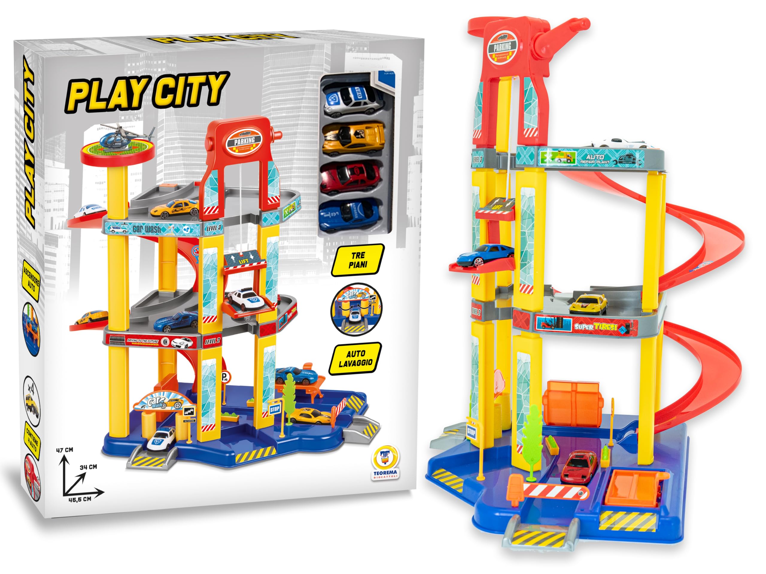 Teorema Giocattoli, Garage Macchine per Bambini, Grande Parcheggio Macchinine a 3 Piani con Ascensore, Rampa a Spirale, Autolavaggio e 4 Veicoli Inclusi, Auto per Bambini 3+ Anni