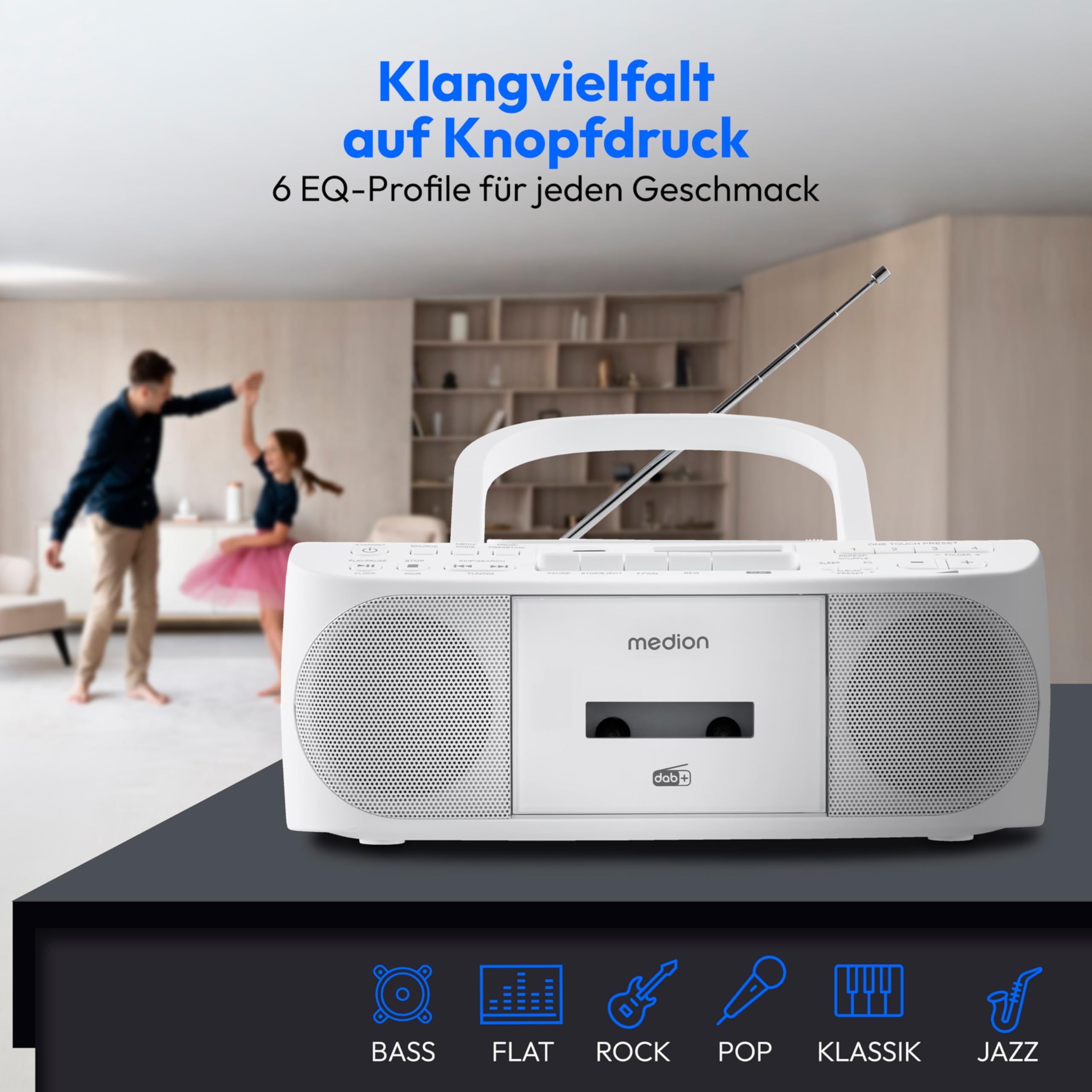MEDION DRX-1 Plus Boombox (tragbares DAB+ UKW Radio, Bluetooth, CD-Player, MP3, Kassette, Kopfhöreranschluss, Stereo Sound System, AUX, Netz & Batterie) weiß