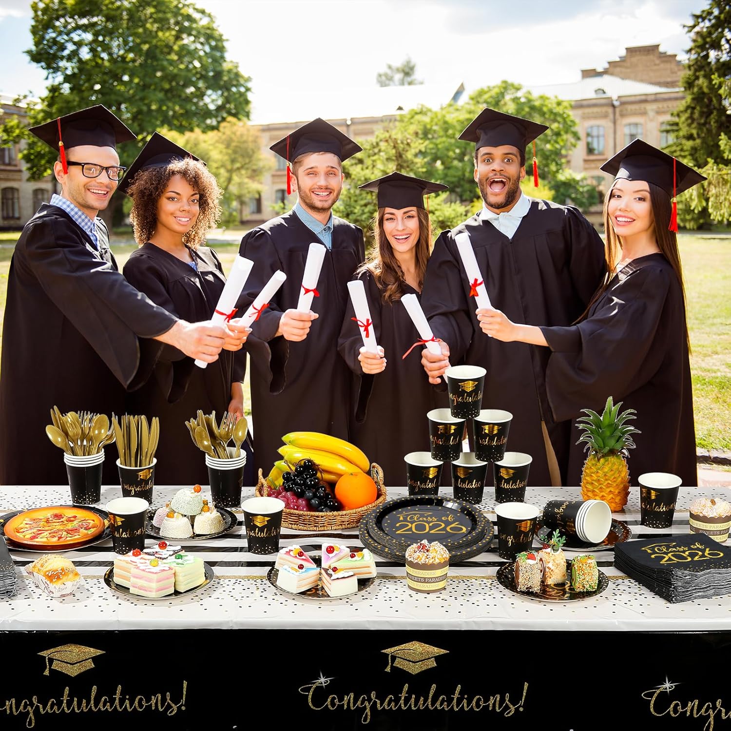 350pcs Class of 2026 Graduation Plates and Napkins Set, Disposable Paper Plate Set Polka Dots Napkins Cups Knife Fork Spoon for Graduation Party Decorations and Supplies,Serve 50 (Black Gold)