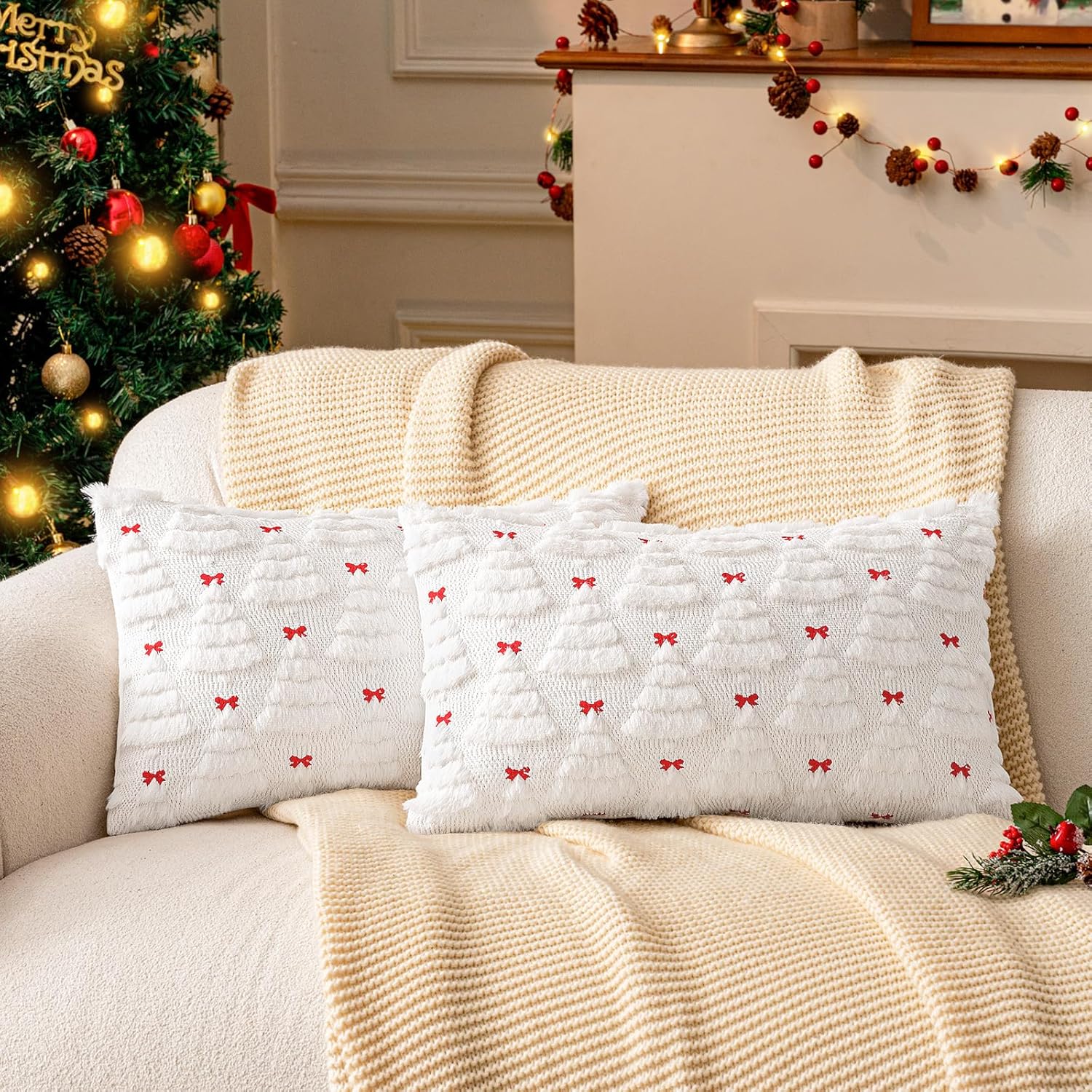 a moment New 3D Christmas Tree Pillow - Ultra Soft Fluffy Holiday Decor Throw Pillow Cover Pack of 2, Festive Bed Sofa Couch Decor for Xmas (Green, 12x20 Inch)