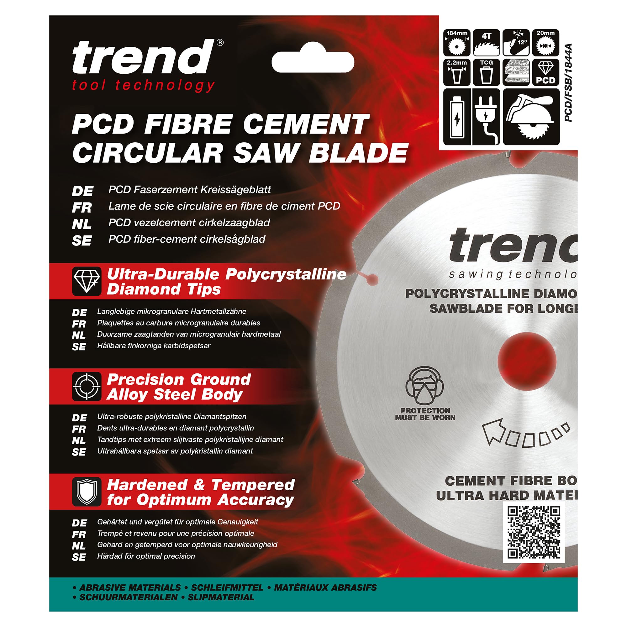 Trend Tarcza PCD do cięcia włóknocementu 184 mm 20 mm, 4 zęby | Grube cięcie włóknocementu: kerf 2,2 mm, 4 zęby, +12°; PCD/FSB/1844A, Ø184/20