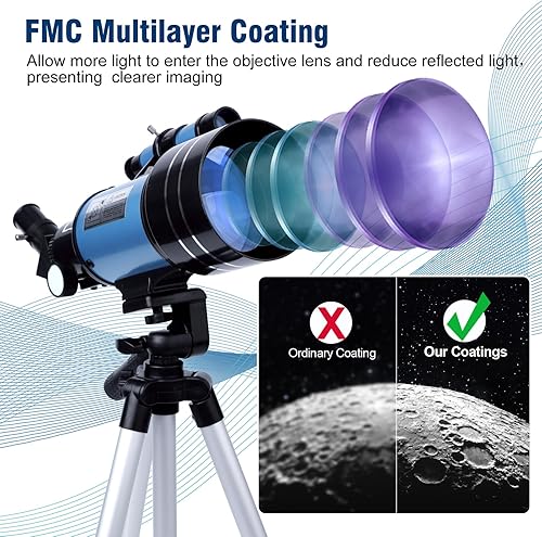 Miniatura 2 de Telescopio, apertura de 2.756 in (15X-150X) telescopios refractores portátiles para adultosniñosprincipiantes en astronomía, telescopio de viaje