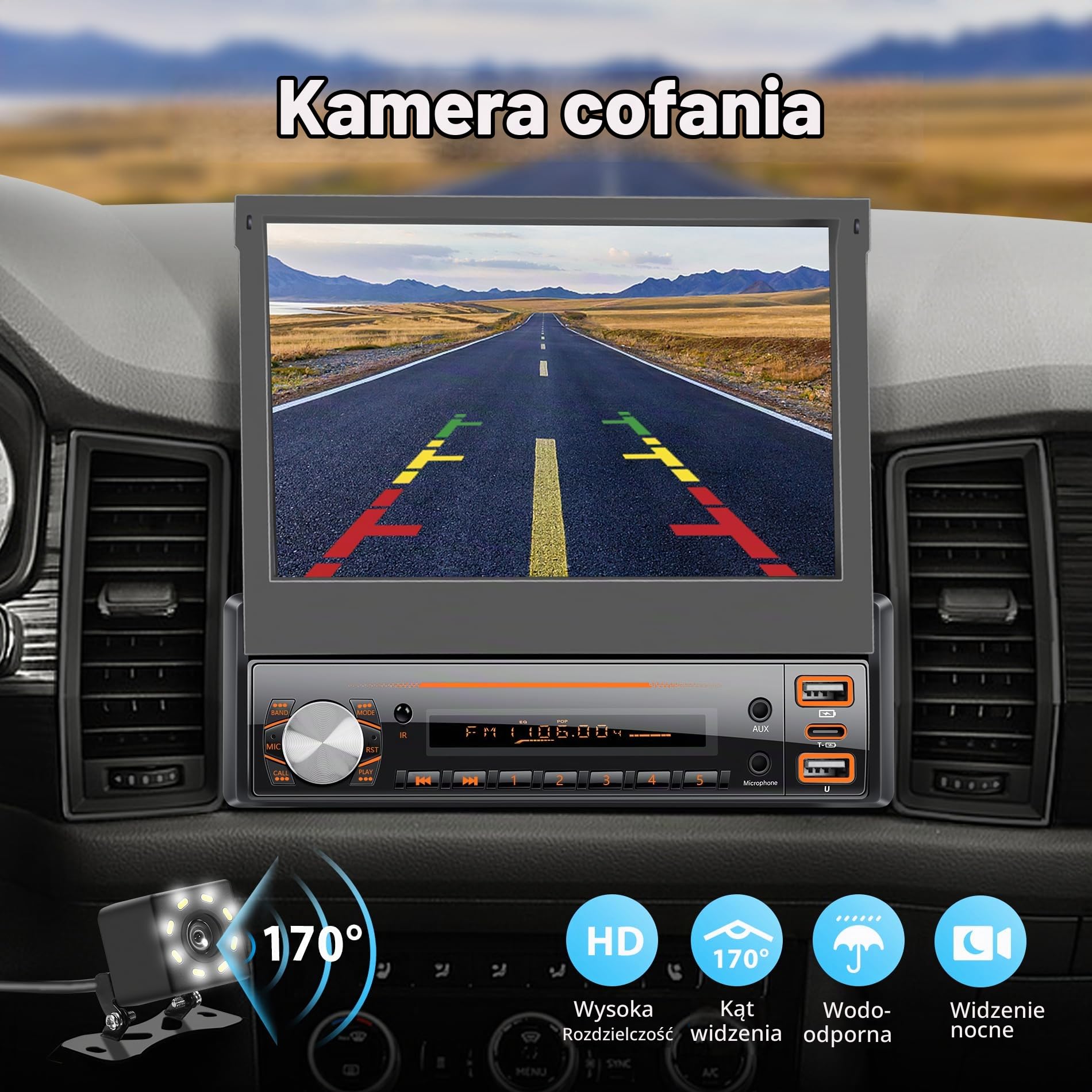 Radio samochodowe 1 DIN z ekranem z funkcją Carplay Wireless i Android Auto, 7-calowy ekran dotykowy Stereo Auto, łącze lustra, FM/AUX/EQ, mikrofon, kamera zapasowa