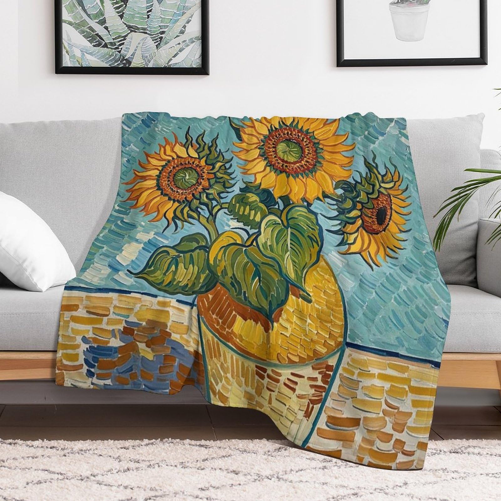 Couverture en micro polaire grand jeté de lit canapé motif tournesol 152x203cm